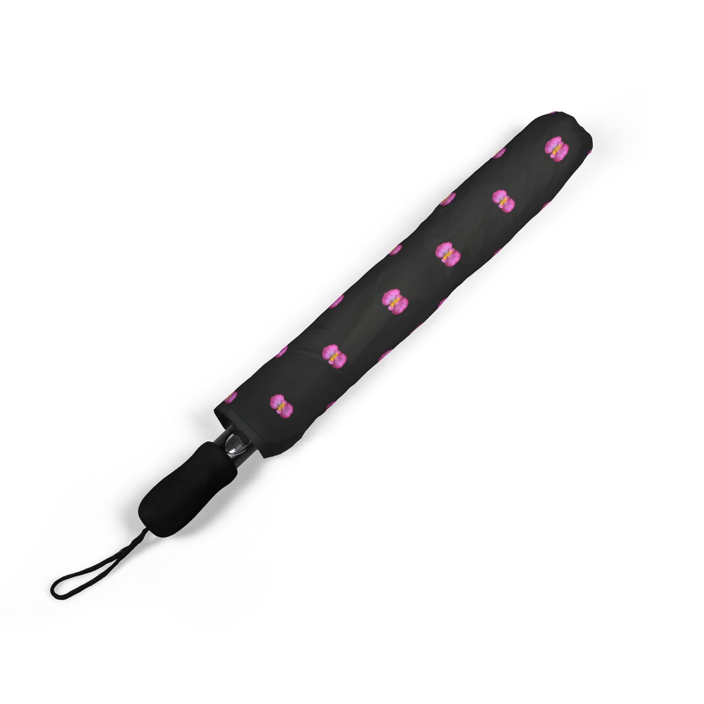 Compact Foldable Umbrella — Black with Pink Begonia Raindrop Pattern