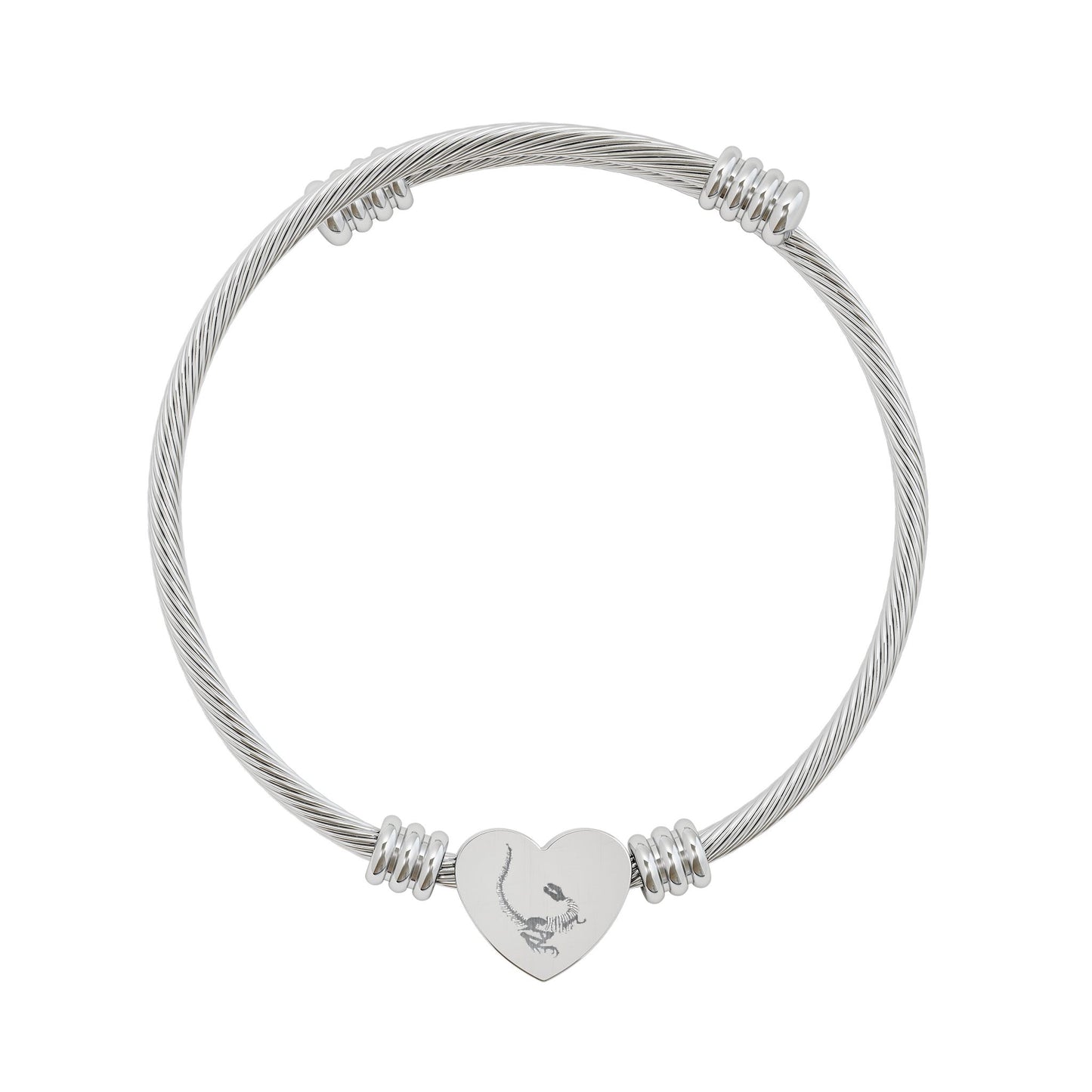 Dinosaur Fossil Heart Cuff Bracelet — Engravable Stainless Steel Bangle