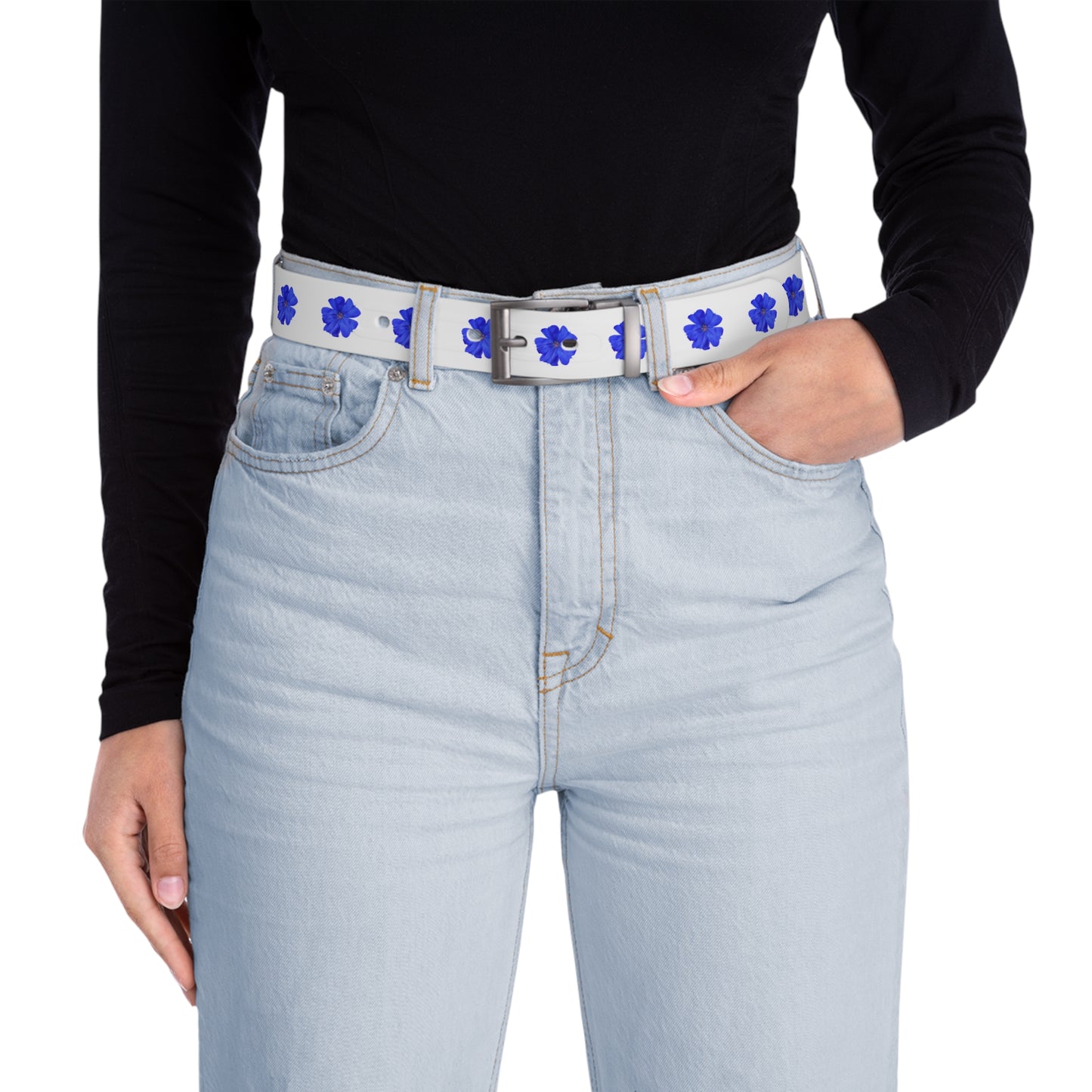 Blue Floral Belt — Black Leather Belt with Royal Blue Flower Pattern