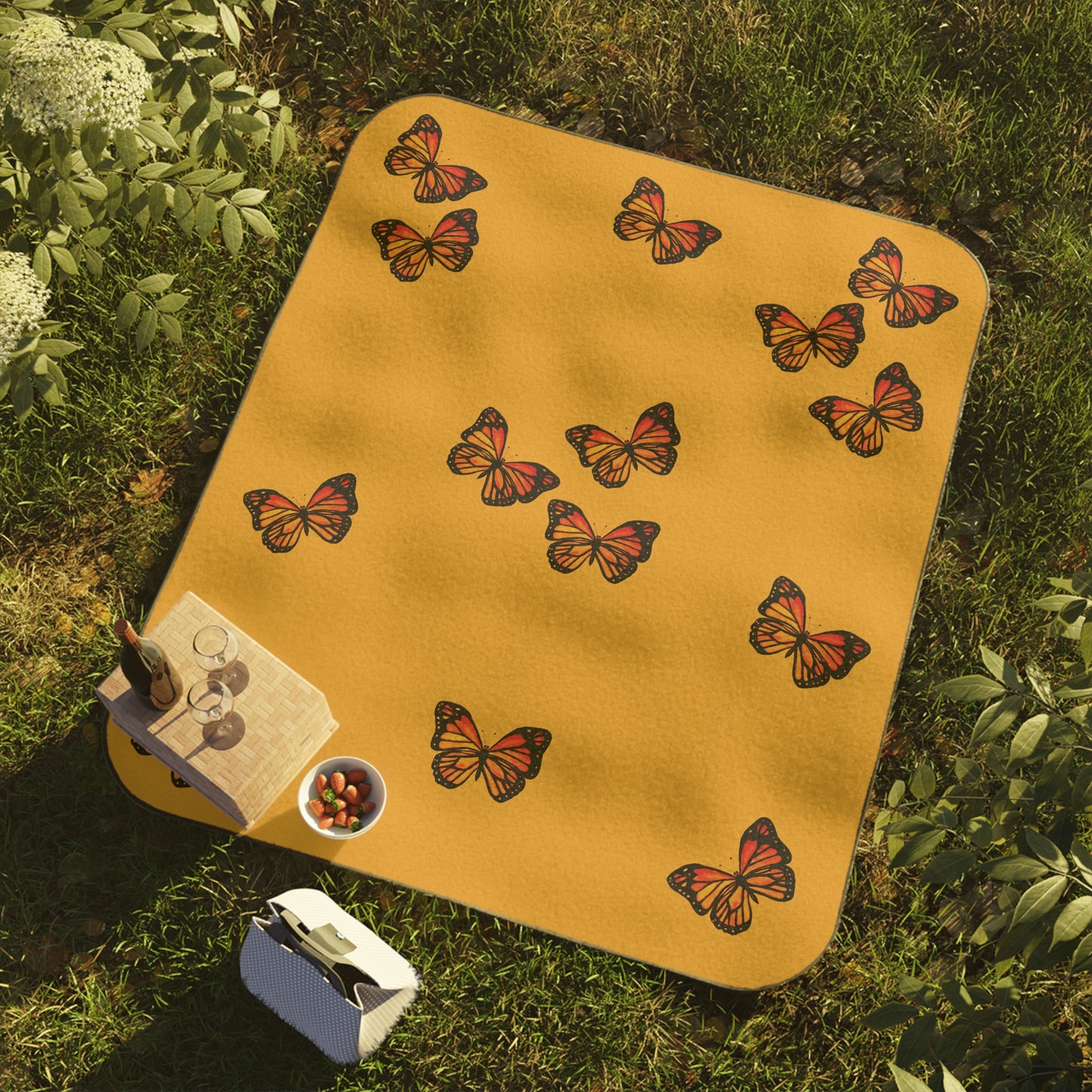 Butterfly Picnic Blanket — Mustard Monarch Pattern Outdoor Blanket