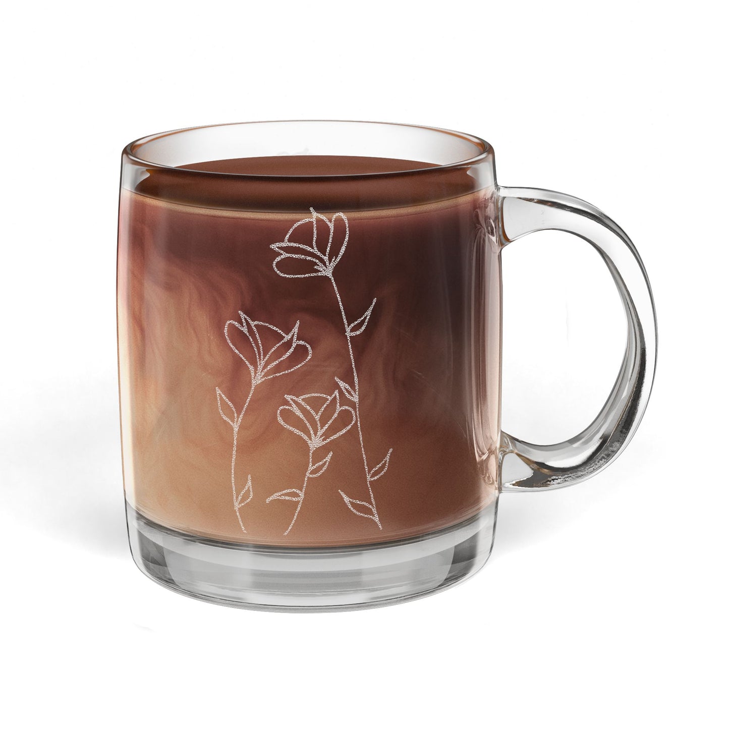 Engraved Floral Glass Coffee Mug — 12.25oz Clear Tea Cup Gift