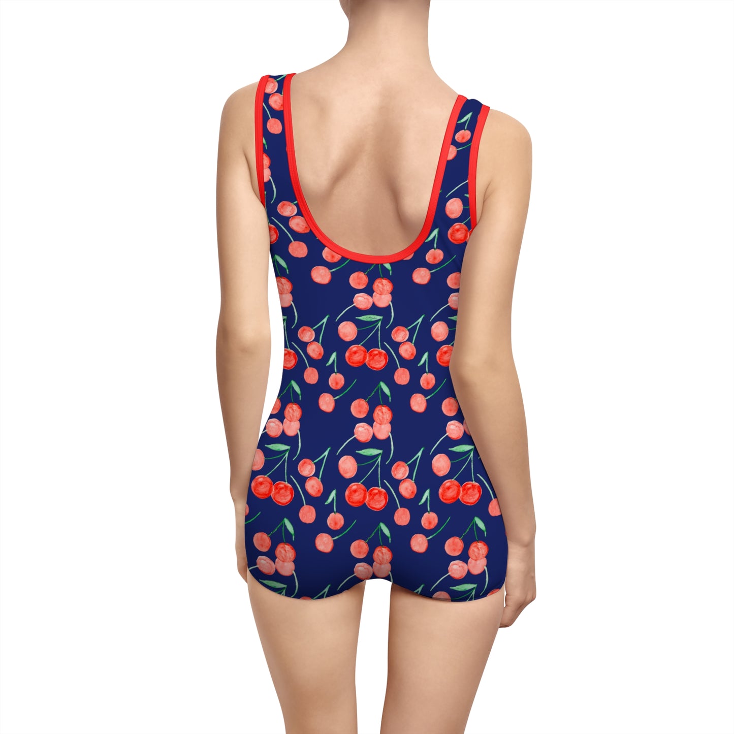 Navy Cherry One-Piece Swimsuit — Vintage Boyshort Swimwear