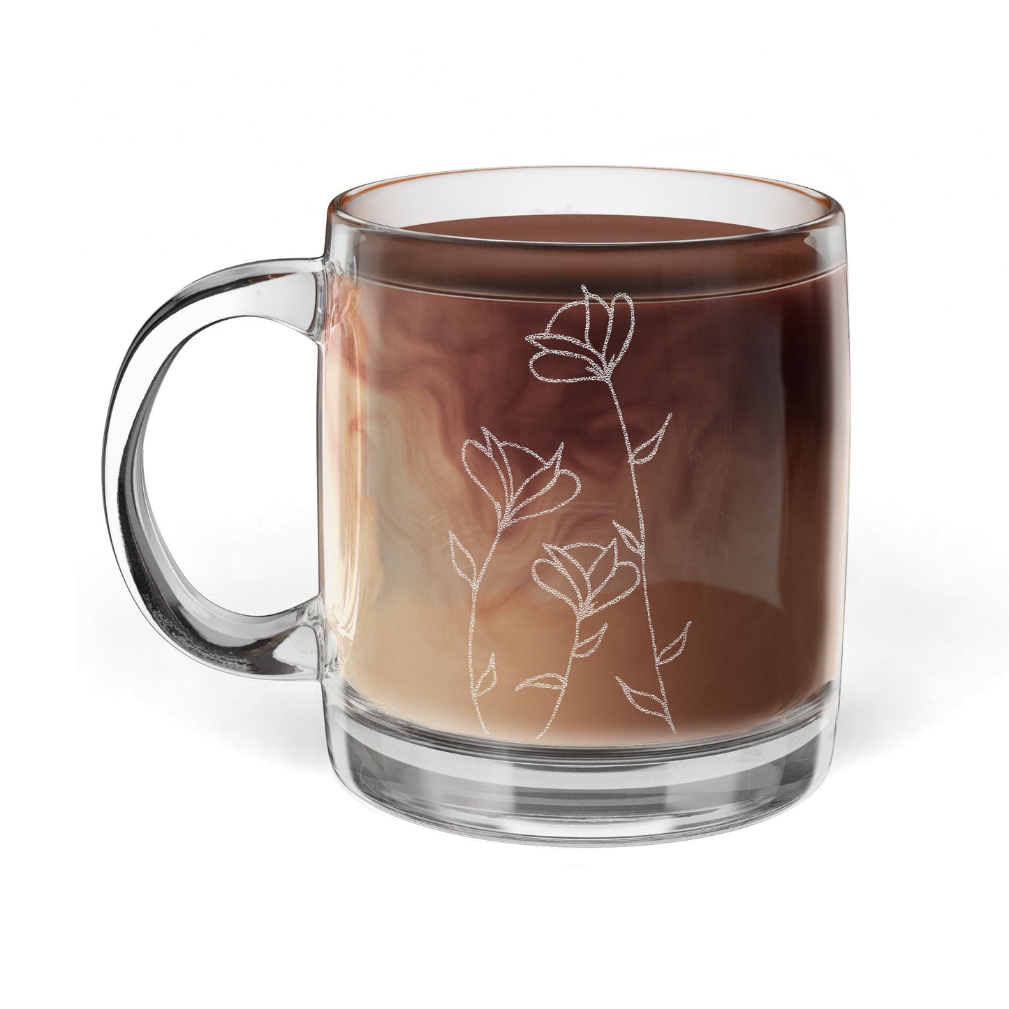 Engraved Floral Glass Coffee Mug — 12.25oz Clear Tea Cup Gift
