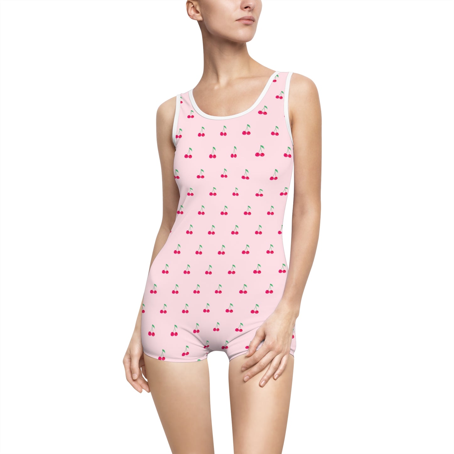 Vintage Cherry One-Piece Swimsuit — Retro Pink Boyshort Swimwear