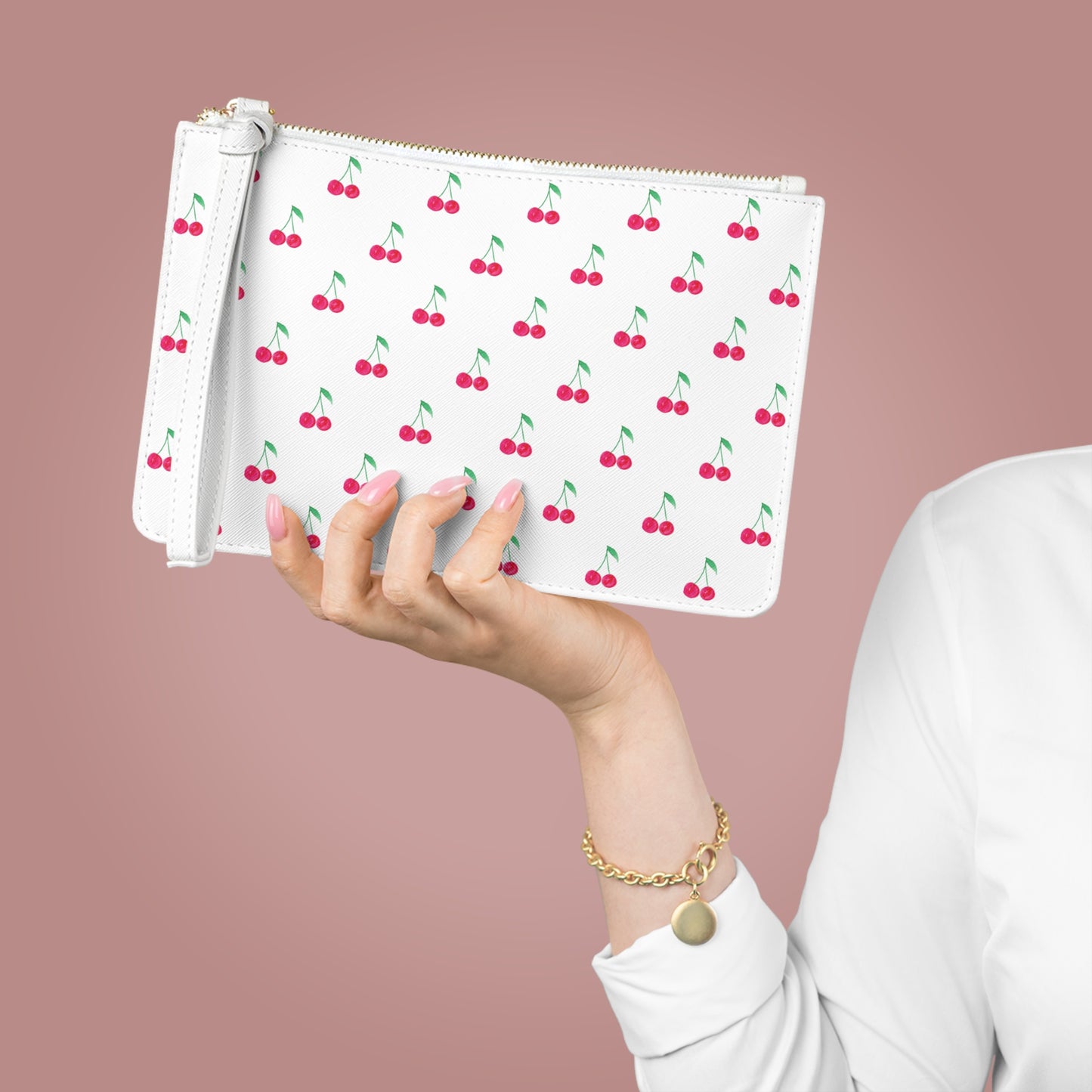 Pink Cherry Pattern White Clutch Bag — Kawaii Cherry Wristlet Purse