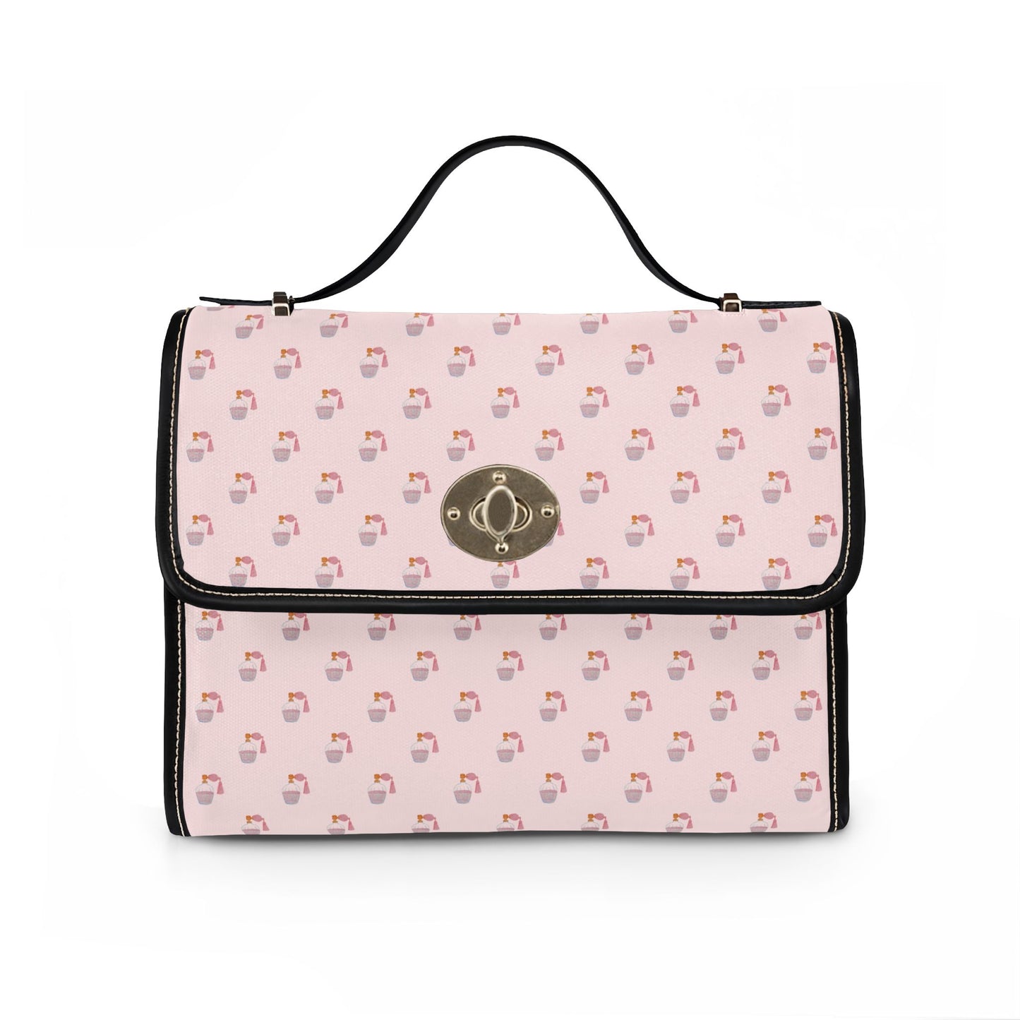 Pink Perfume Canvas Handbag — Waterproof Crossbody Satchel with Vegan Leather Trim