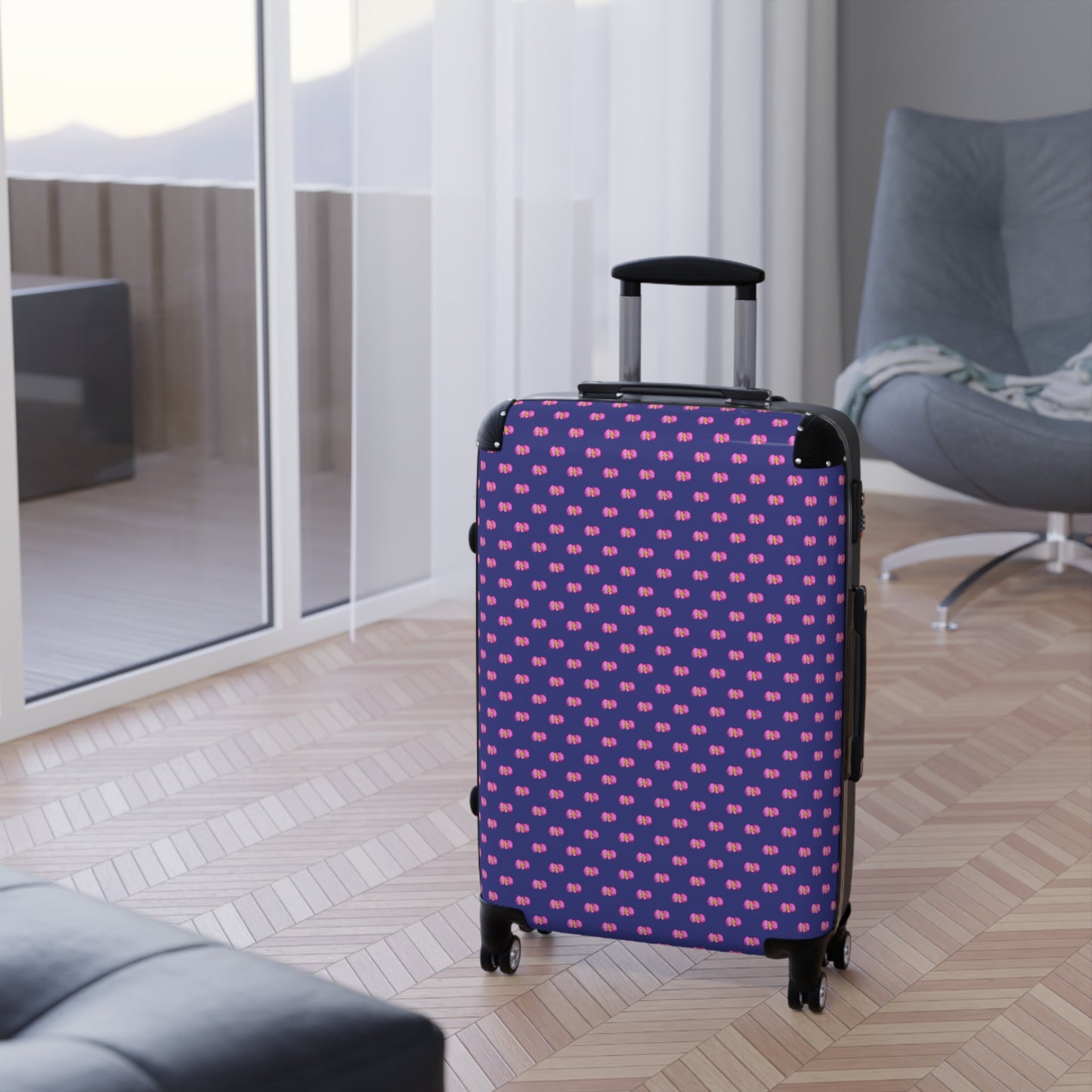 Pink Begonia Floral Pattern Carry-On Suitcase — Blue & Pink Travel Luggage