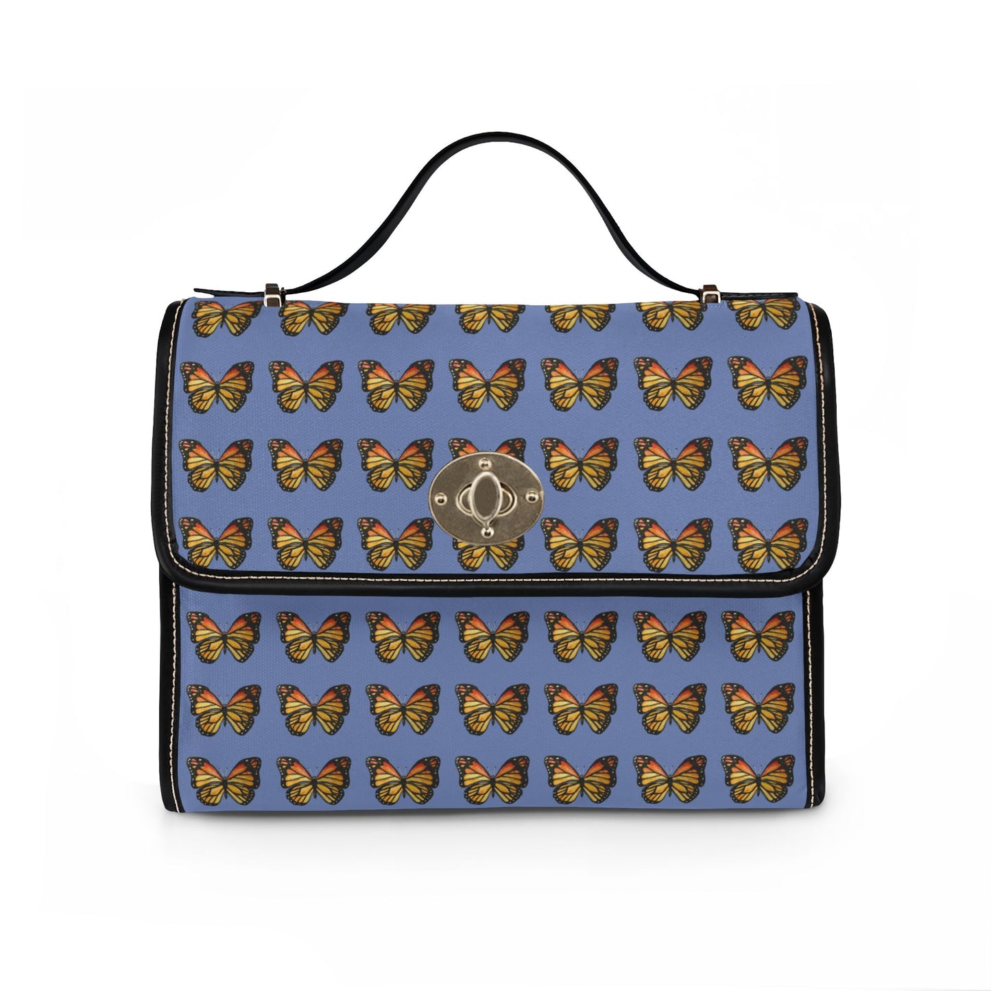 Butterfly Pattern Canvas Tote — Retro Blue Waterproof Bag