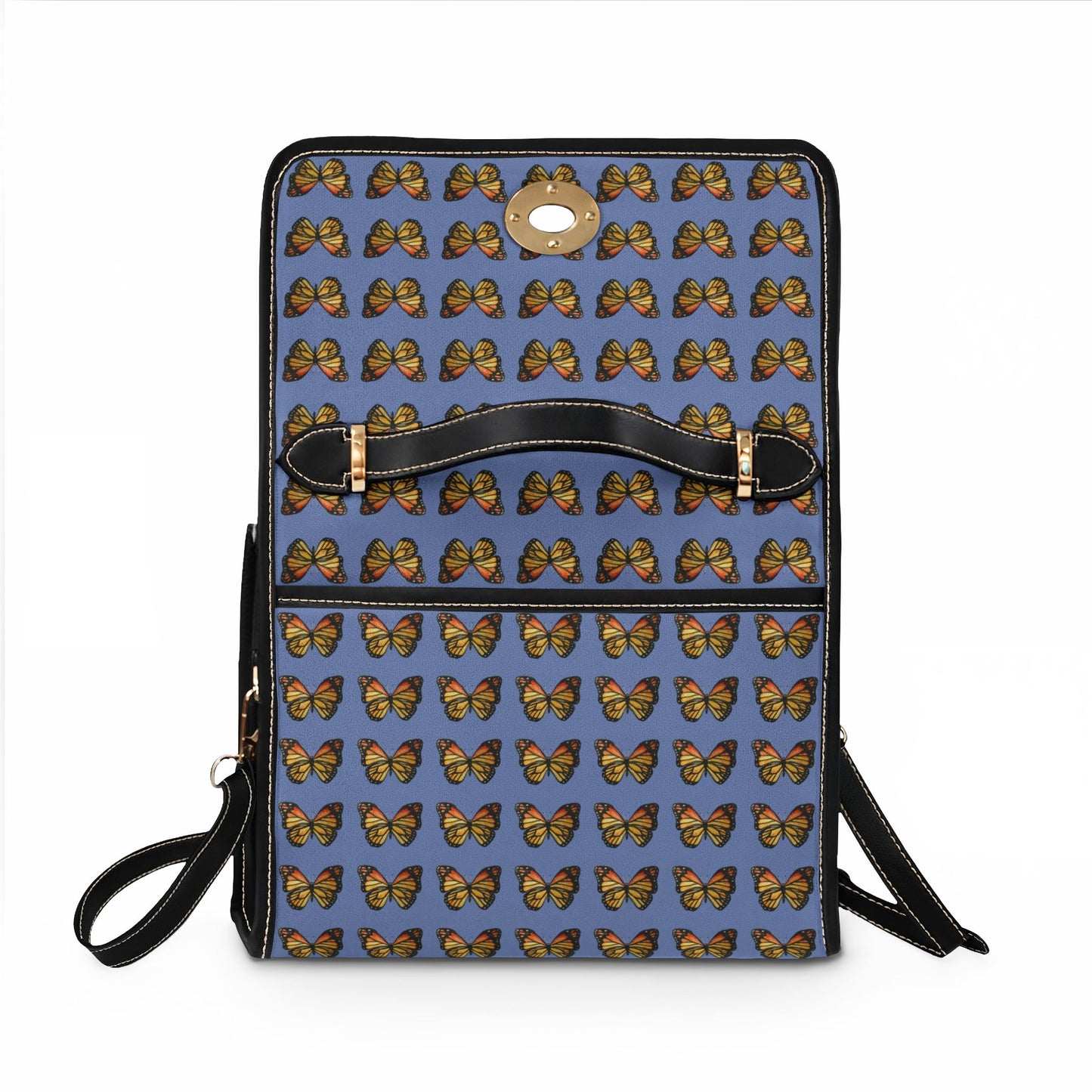 Butterfly Pattern Canvas Tote — Retro Blue Waterproof Bag