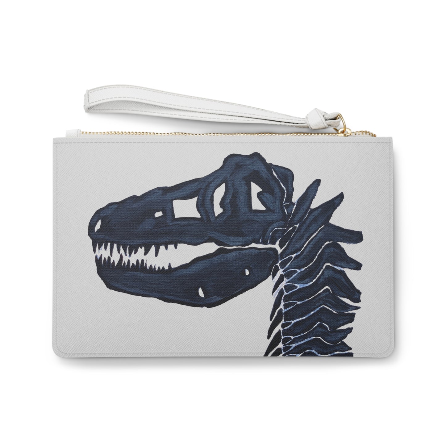 Dinosaur T-Rex Skull Navy Clutch Bag — Fossil Skeleton Wristlet Purse