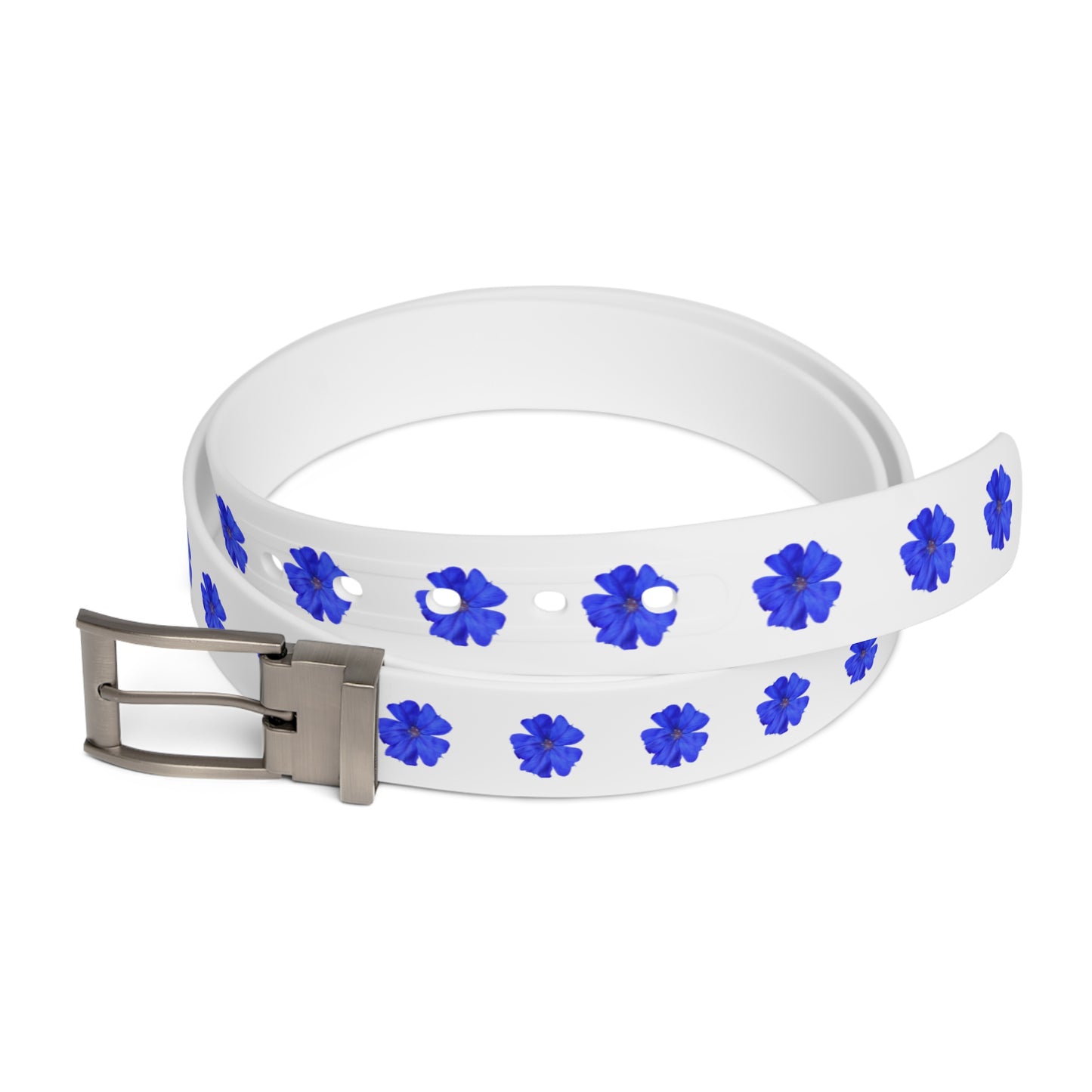 Blue Floral Belt — Black Leather Belt with Royal Blue Flower Pattern