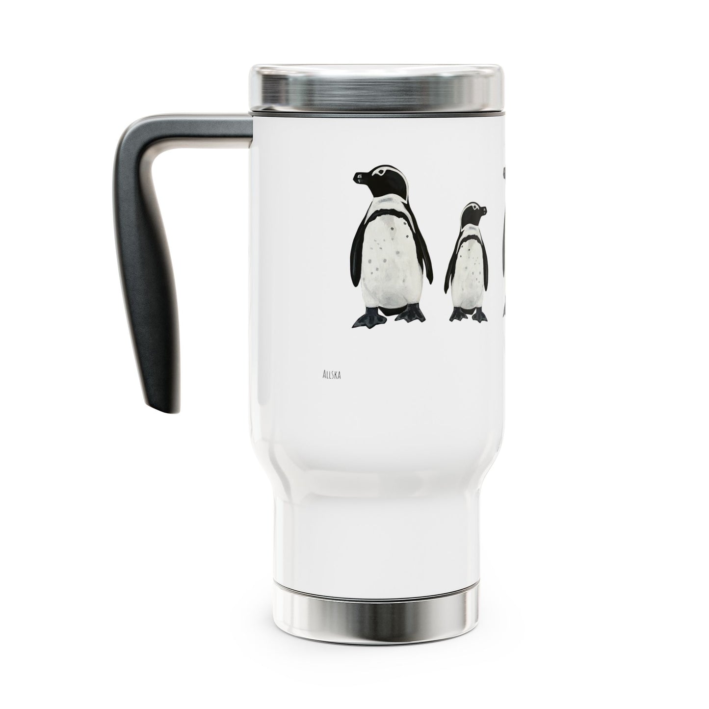 Penguin Line 14oz Stainless Steel Travel Mug with Handle — Cute Polar Animal Coffee Tumbler