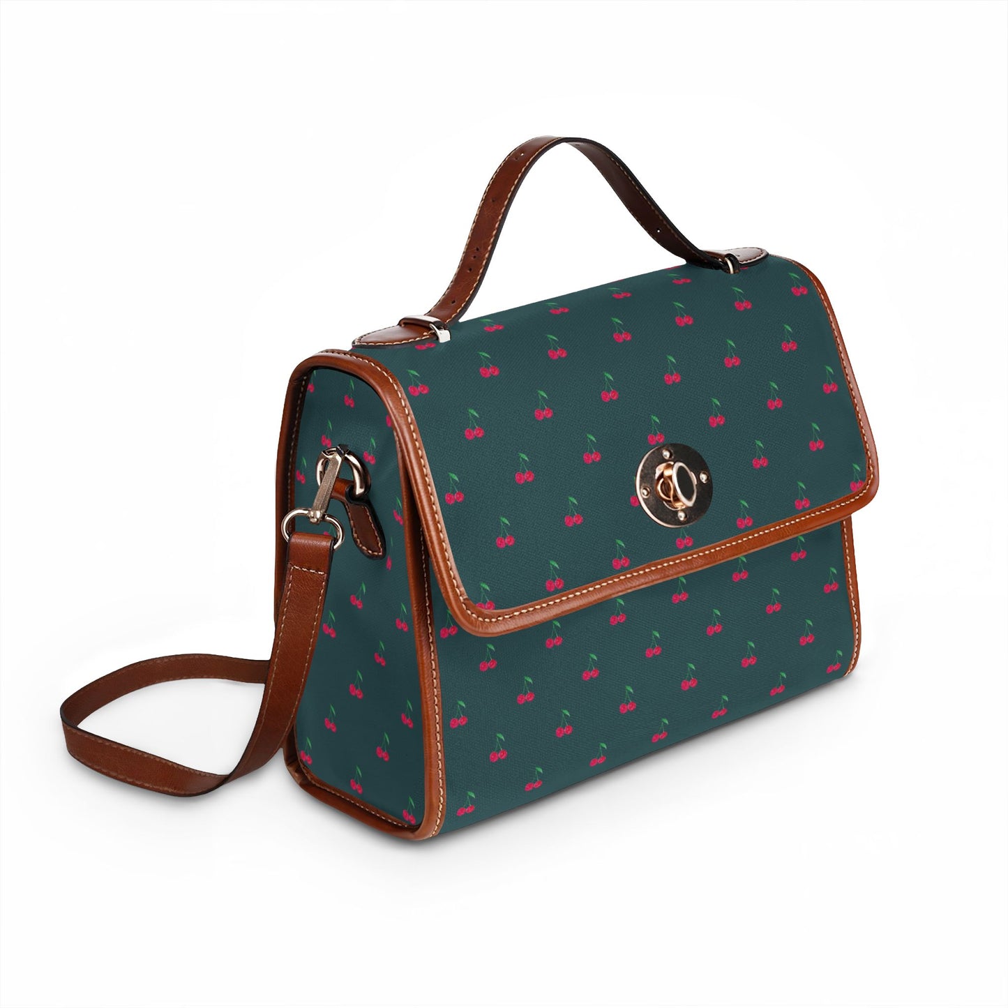 Cherry Pattern Canvas Tote — Vintage Green Waterproof Bag