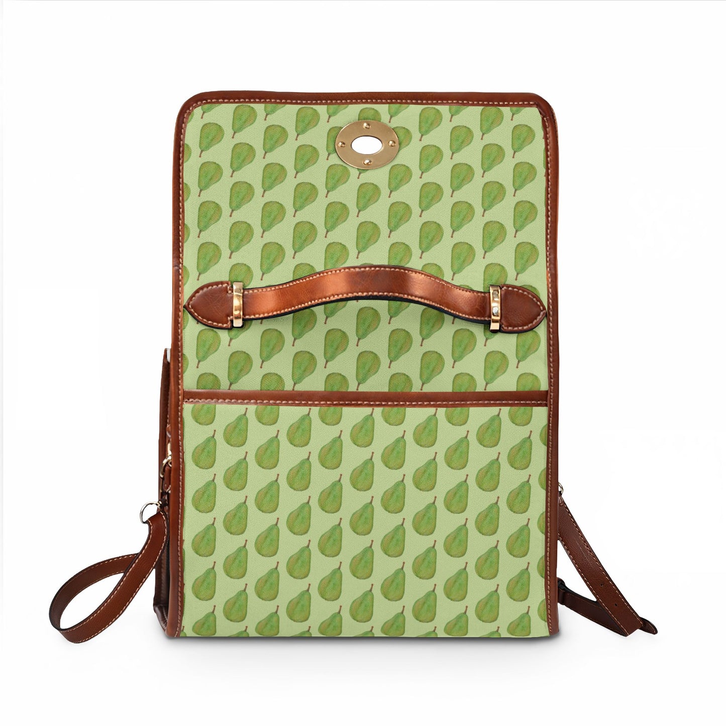 Green Pear Pattern Canvas Tote — Waterproof Fruit Print Bag