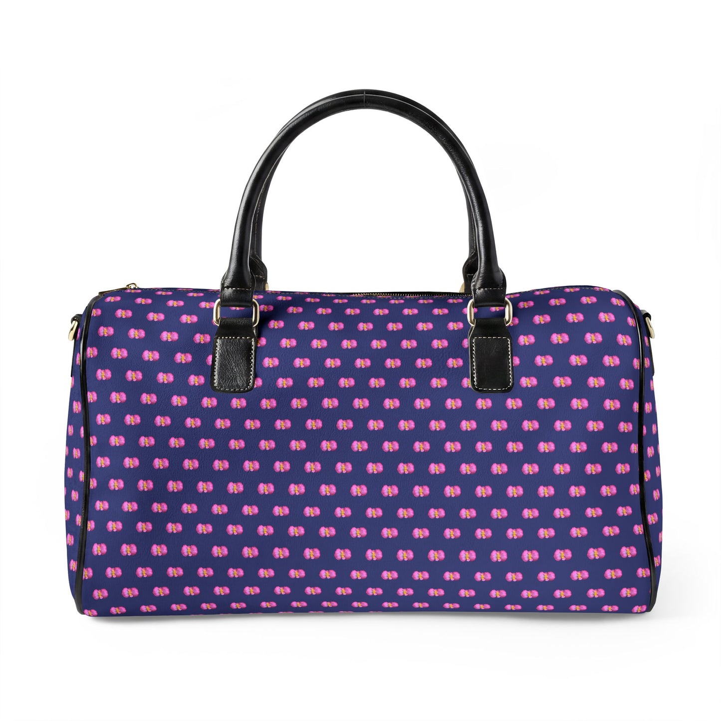 Classic Leather Weekender Bag — Blue with Pink Mini Begonias Floral Pattern