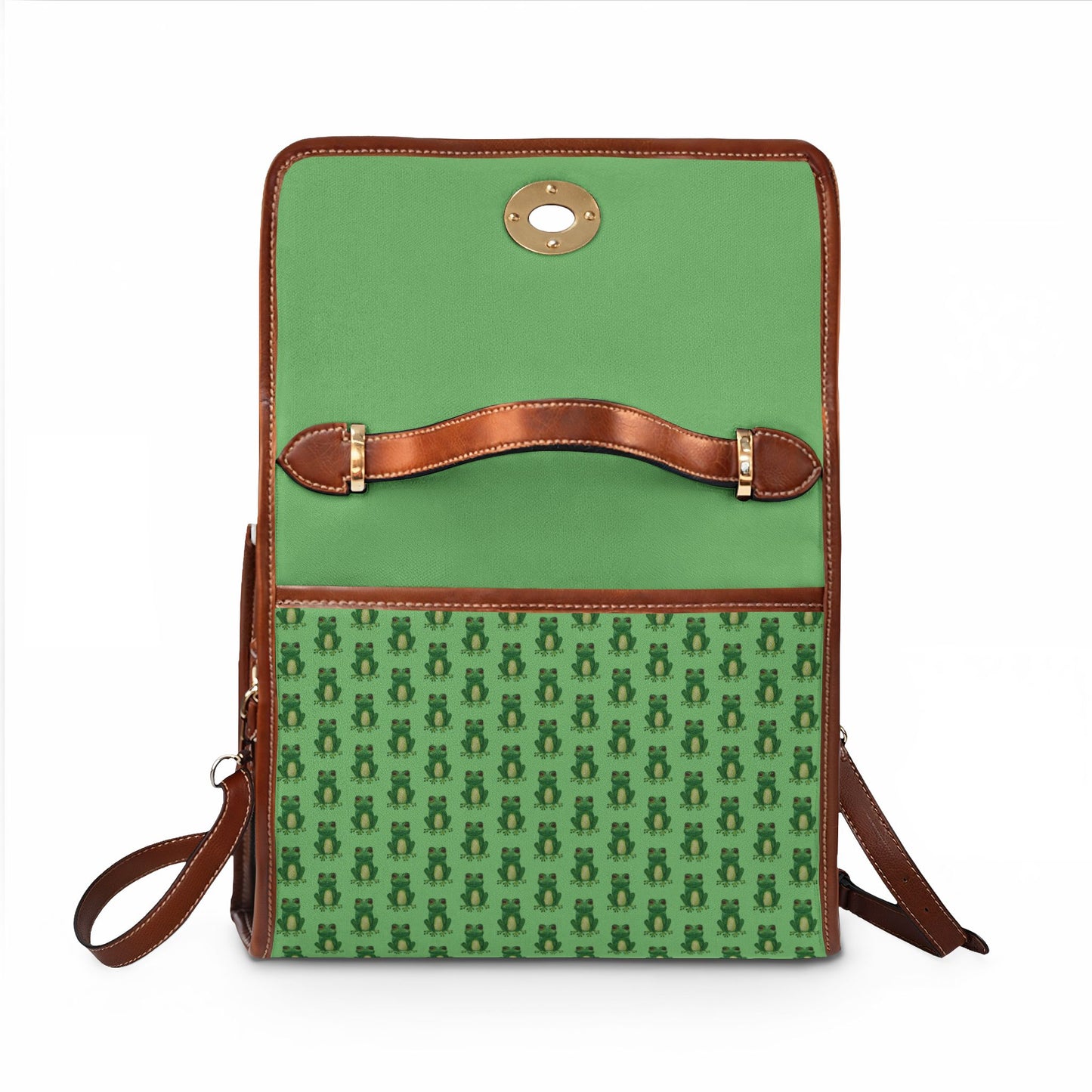 Green Waterproof Frog Print Canvas Satchel