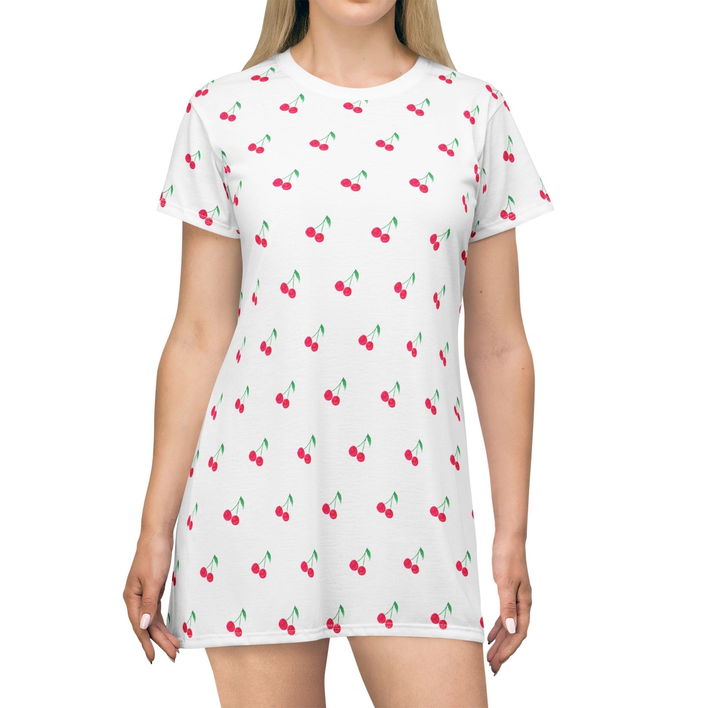 Cherry Pattern T‑Shirt Dress — Cute All‑Over Print Summer Sundress