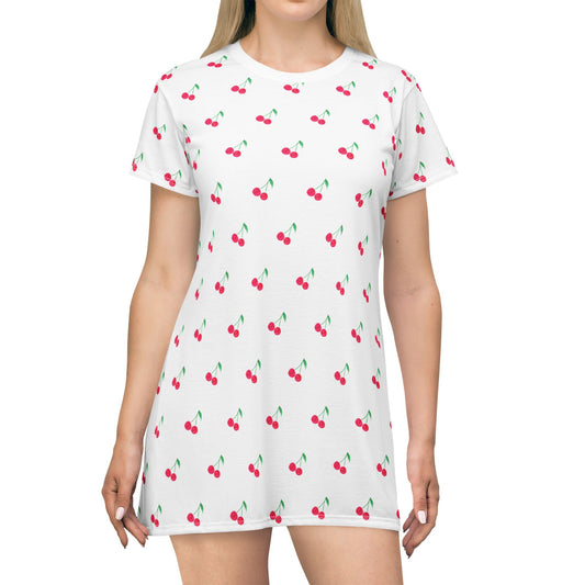 Cherry Pattern T‑Shirt Dress — Cute All‑Over Print Summer Sundress