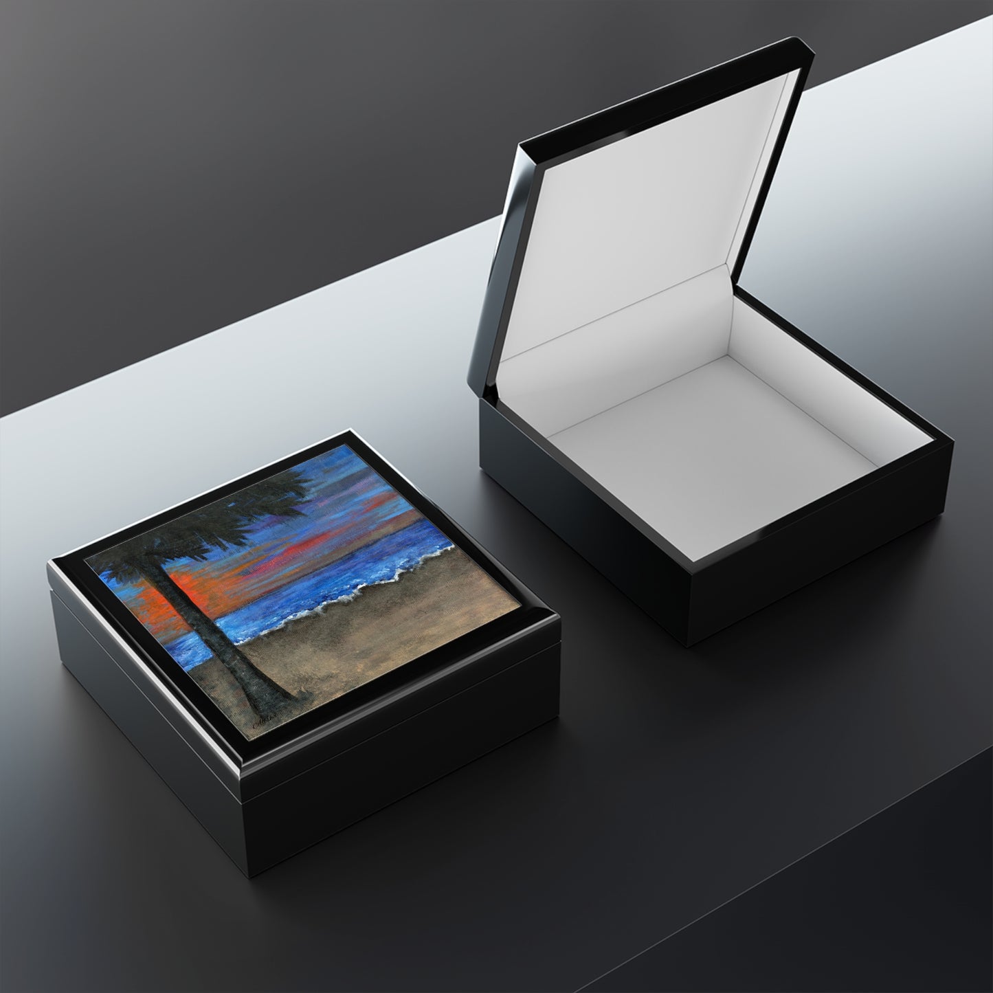 Sunset Palm Beach Jewelry Box | Coastal Ocean Wave Keepsake