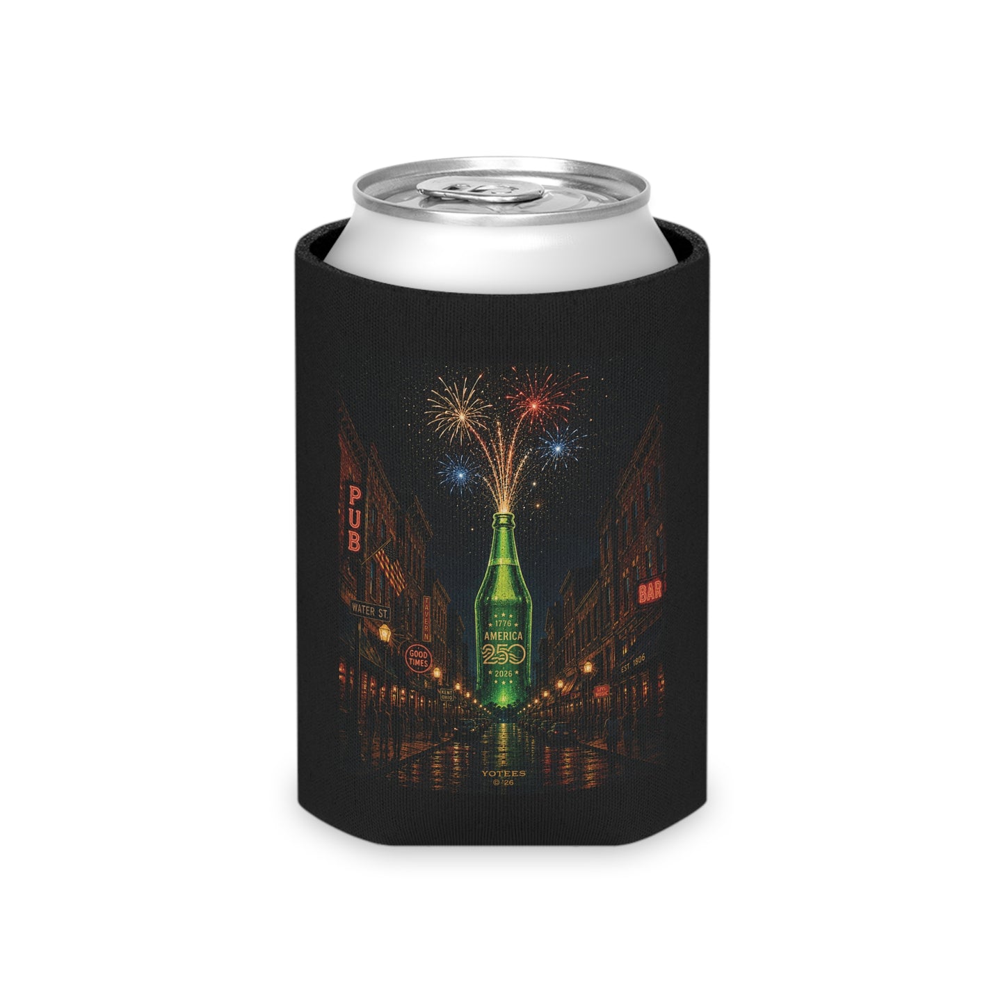 Can Cooler — Neon Bottle Nightscape with Fireworks