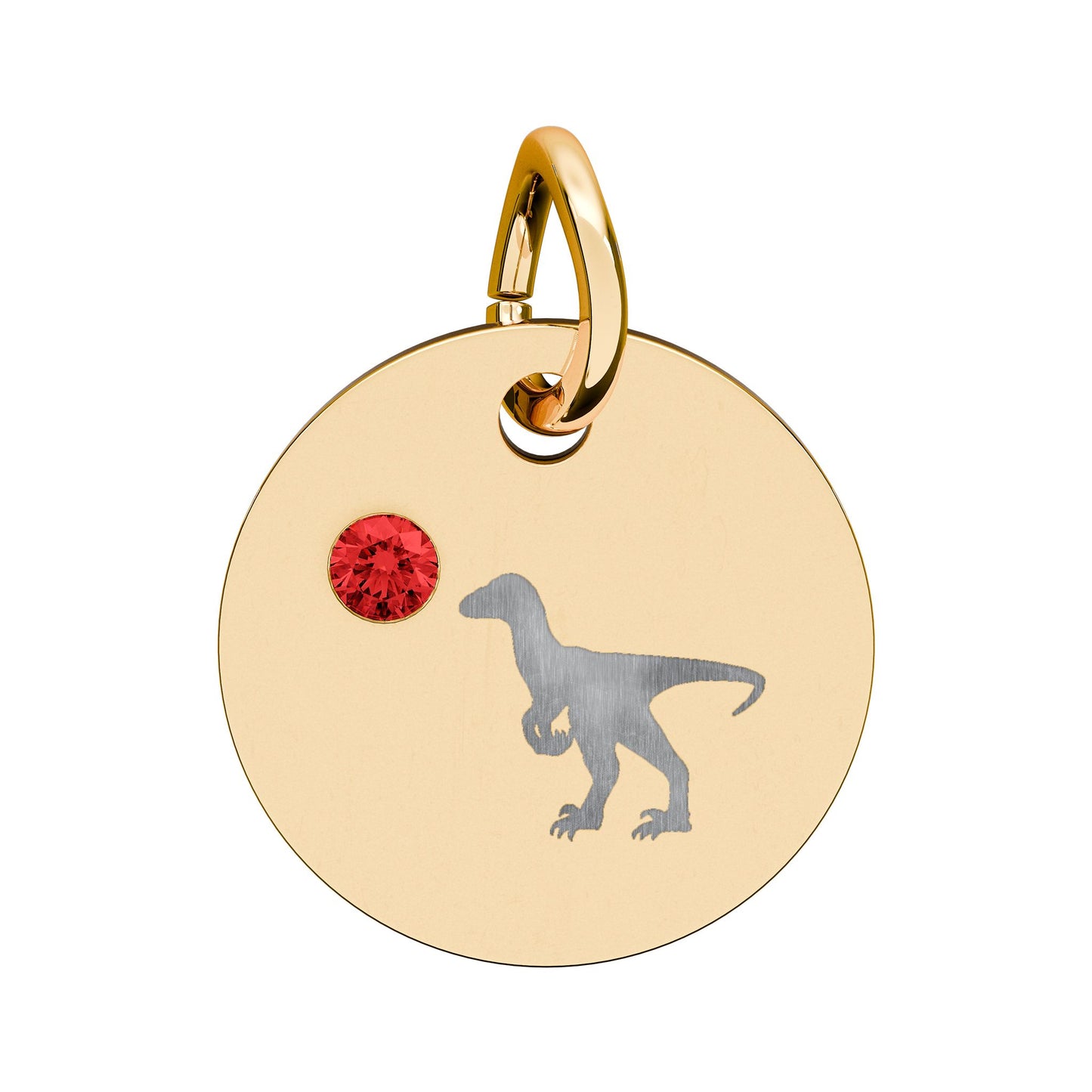 Birthstone Circle Charm — Engraved Dinosaur Silhouette Pendant