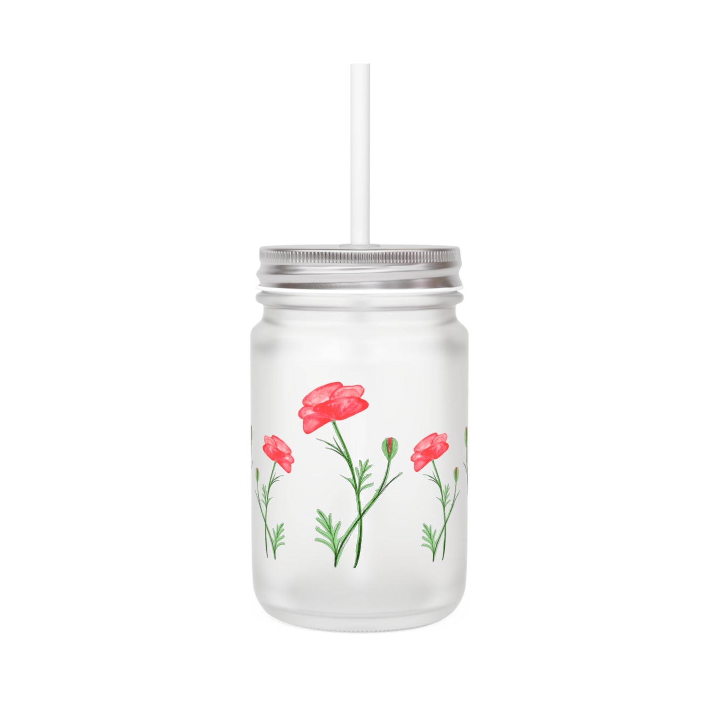 Poppy Mason Jar Tumbler — Floral Mason Jar Cup with Straw