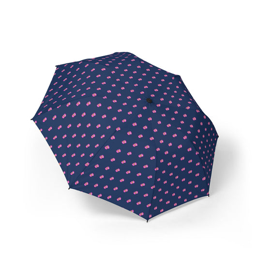 Compact Foldable Umbrella — Navy with Pink Begonia Raindrop Pattern (Semi-Automatic Umbrella)