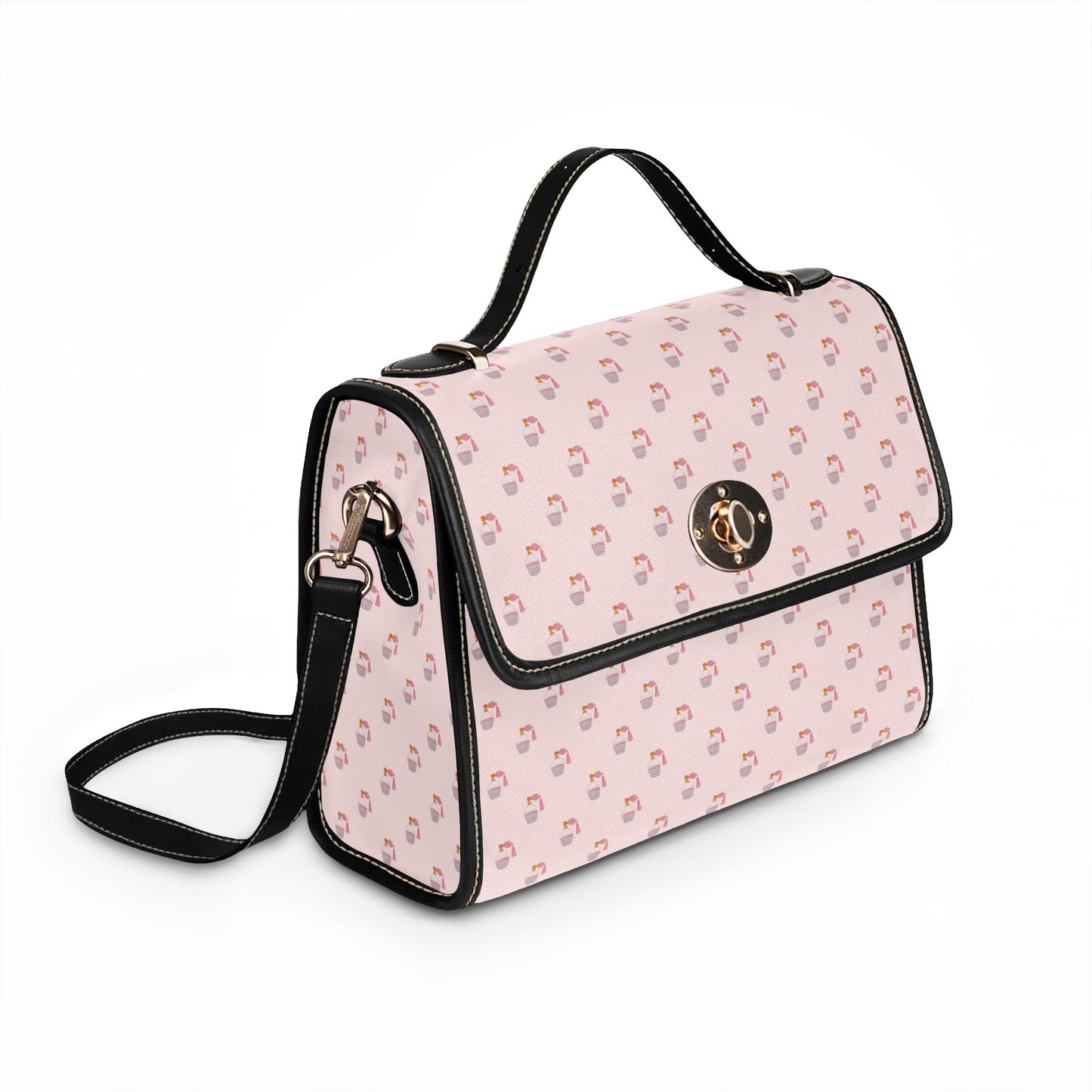 Pink Perfume Canvas Handbag — Waterproof Crossbody Satchel with Vegan Leather Trim