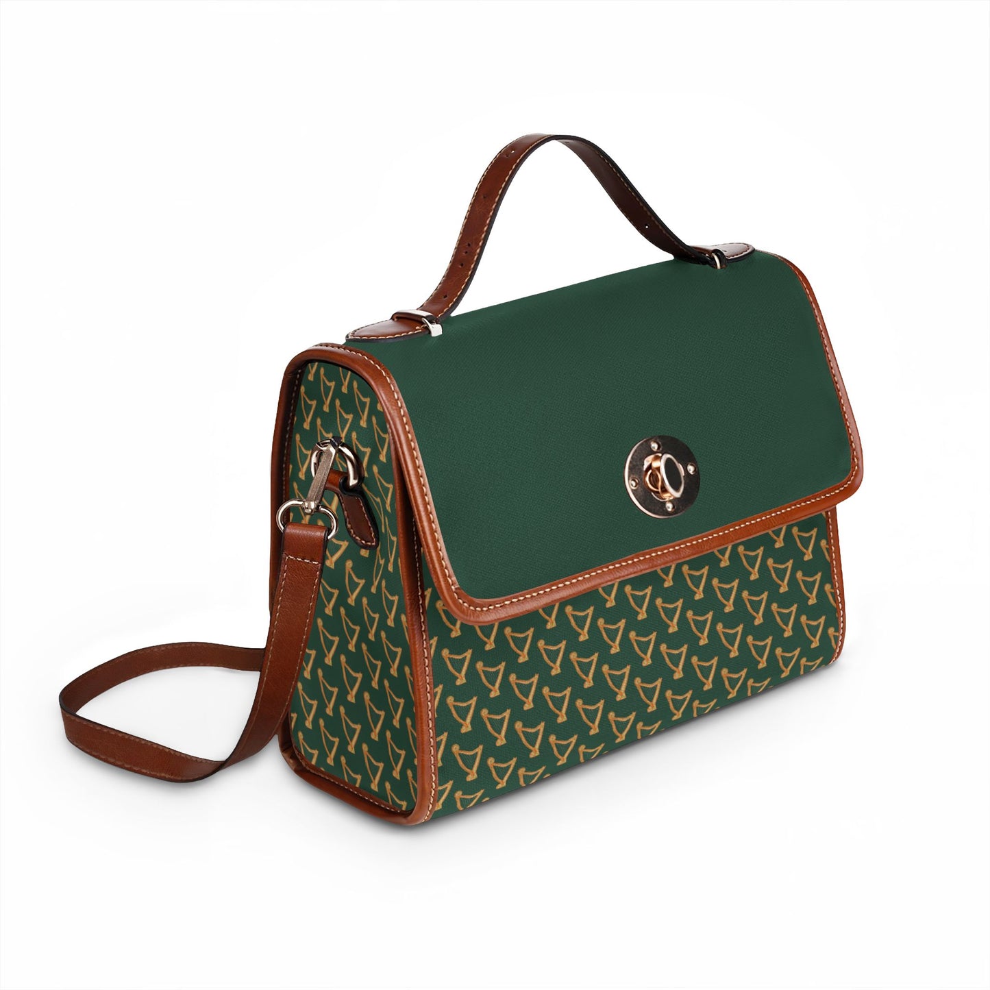 Green Celtic Harp Pattern Leather-Trim Satchel