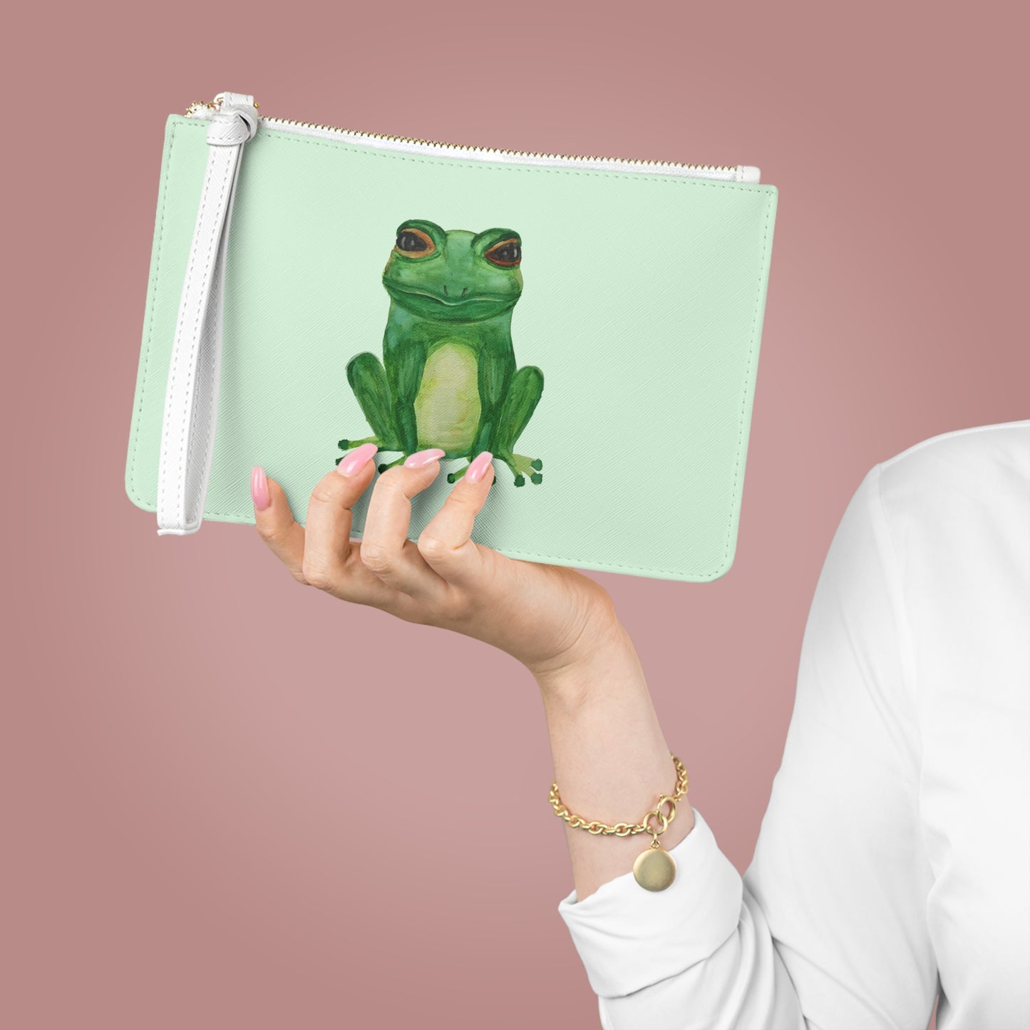 Mint Green Tree Frog Clutch Bag — Illustrated Frog Wristlet Purse