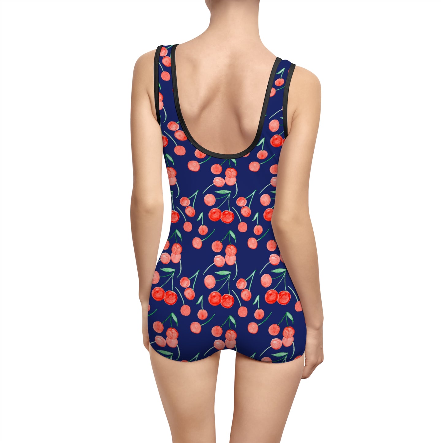 Navy Cherry One-Piece Swimsuit — Vintage Boyshort Swimwear