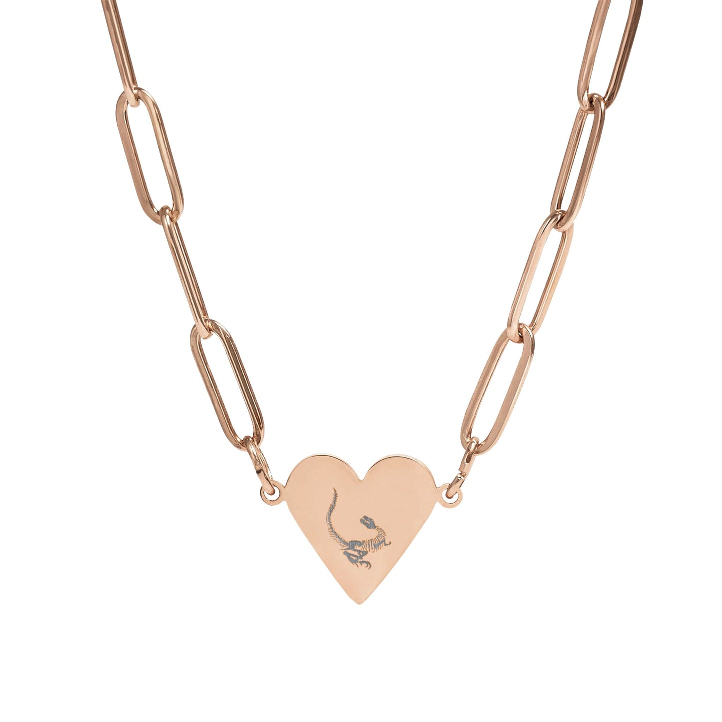 Paperclip Chain Dinosaur Heart Necklace — Engraved Fossil Heart Pendant