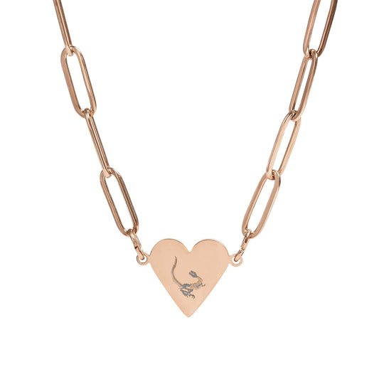 Paperclip Chain Dinosaur Heart Necklace — Engraved Fossil Heart Pendant