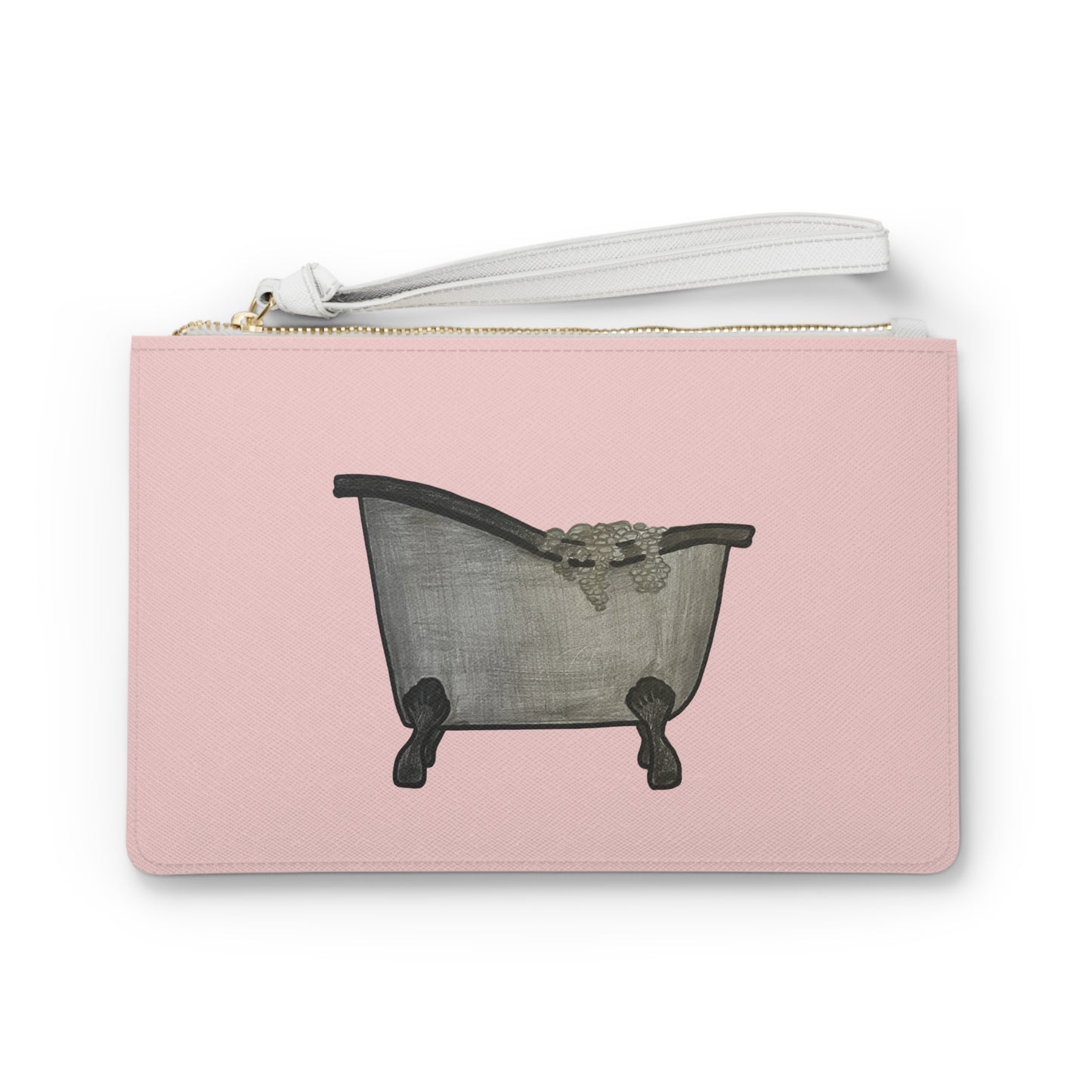 Pink Clawfoot Bathtub Clutch Bag — Vintage Bathroom Illustration Wristlet