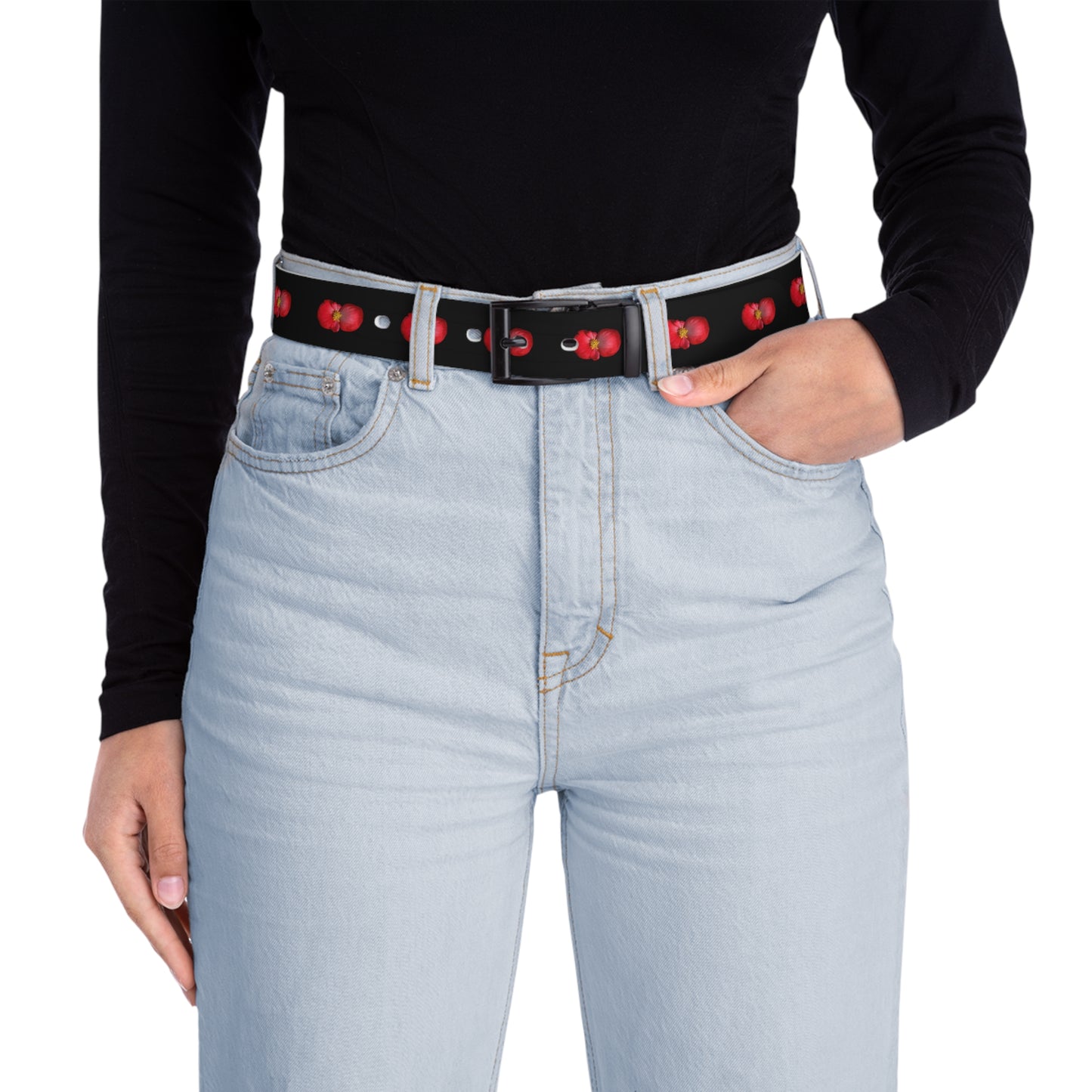 Begonia Dot Belt — Black Waist Belt with Red Begonia Floral Pattern