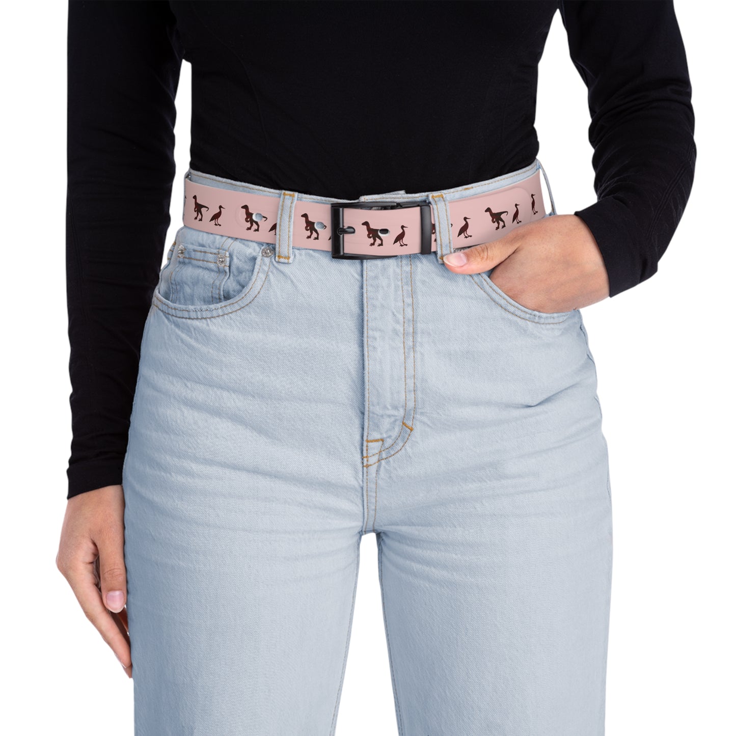 Dinosaur Print Belt — Retro Black Dino and Bird Pattern on Casual Belt