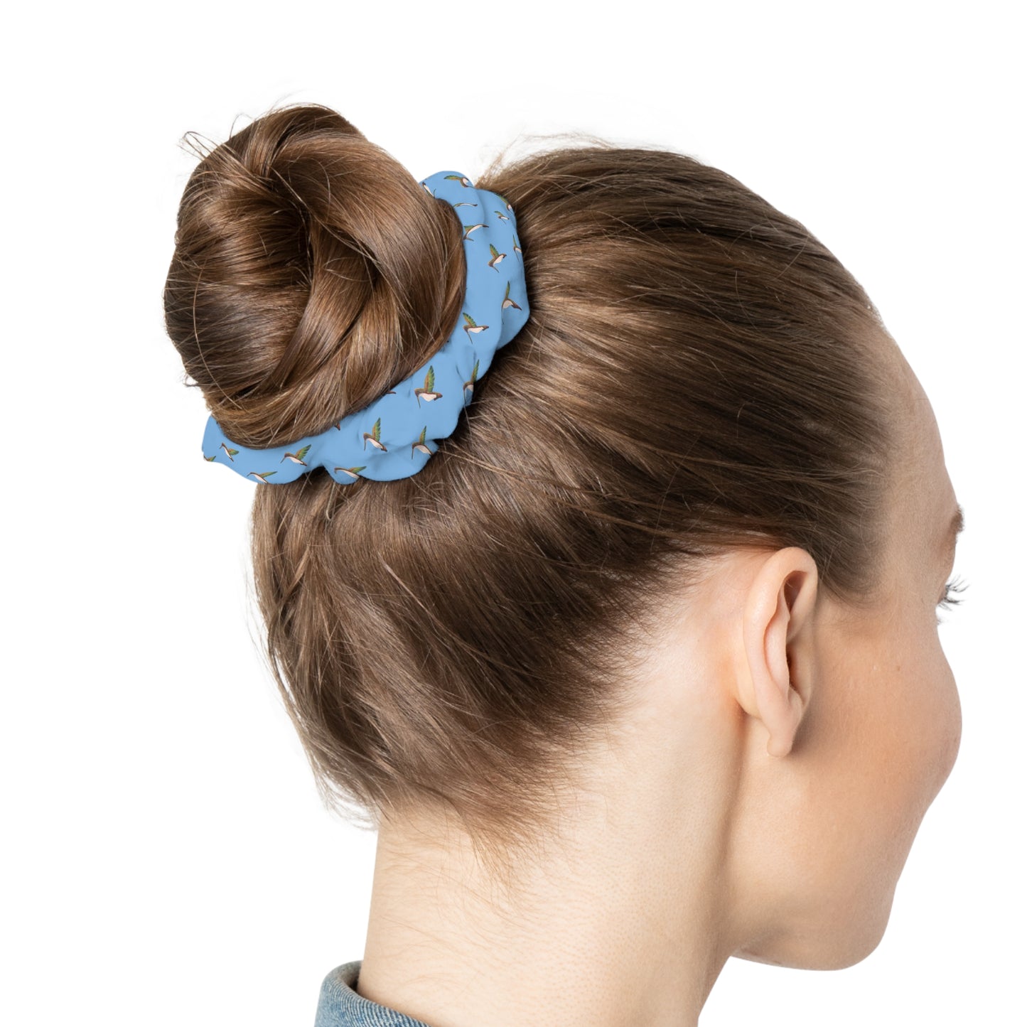 Blue Hummingbird Scrunchie — Floral Bird-Print Hair Tie