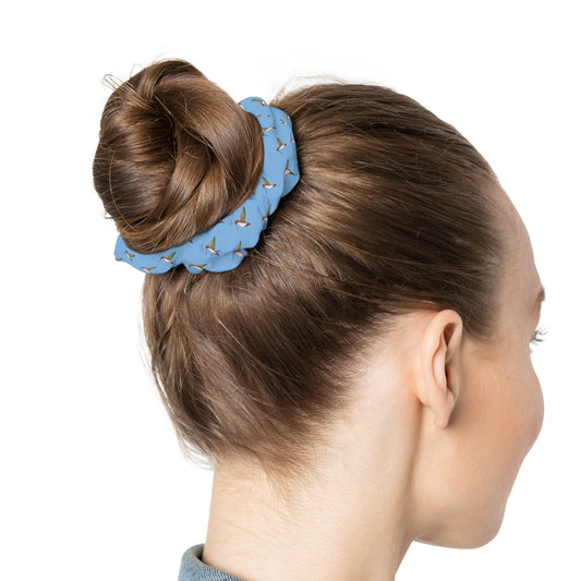 Blue Hummingbird Scrunchie — Floral Bird-Print Hair Tie