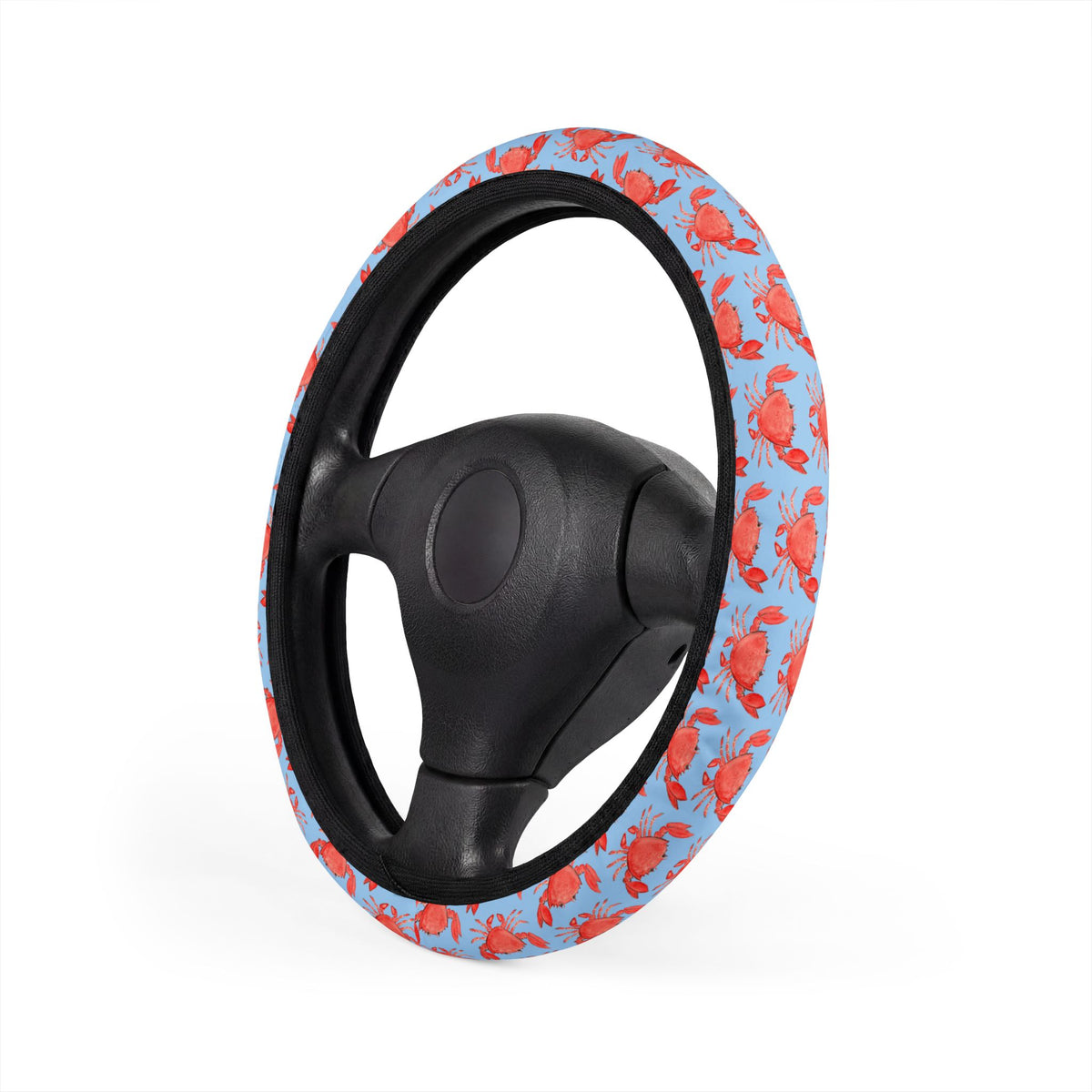 Red Crab Pattern on Sky Blue, Coastal Car Steering Wheel Cover