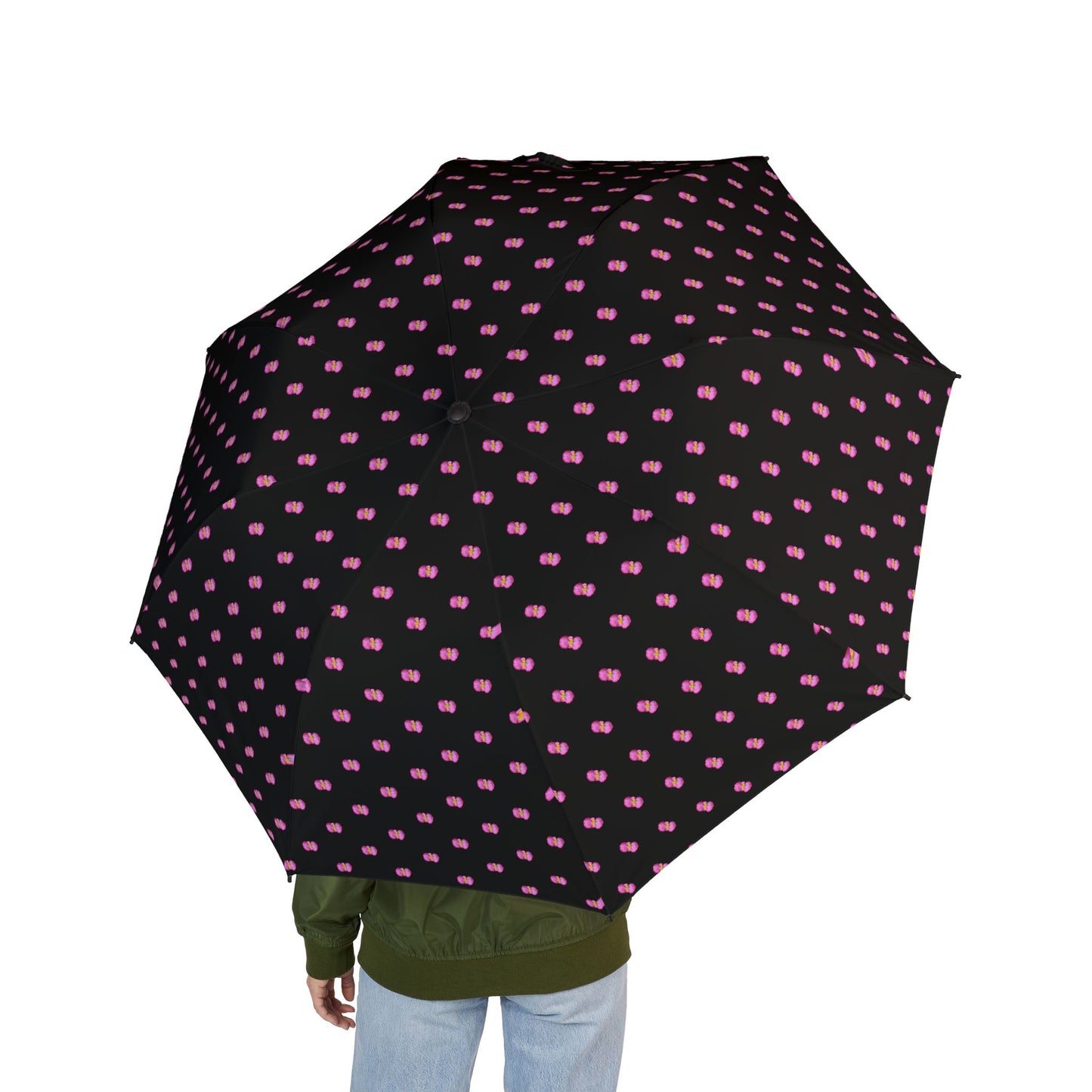 Compact Foldable Umbrella — Black with Pink Begonia Raindrop Pattern