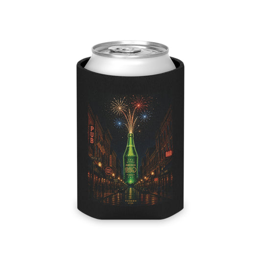 Can Cooler — Neon Bottle Nightscape with Fireworks