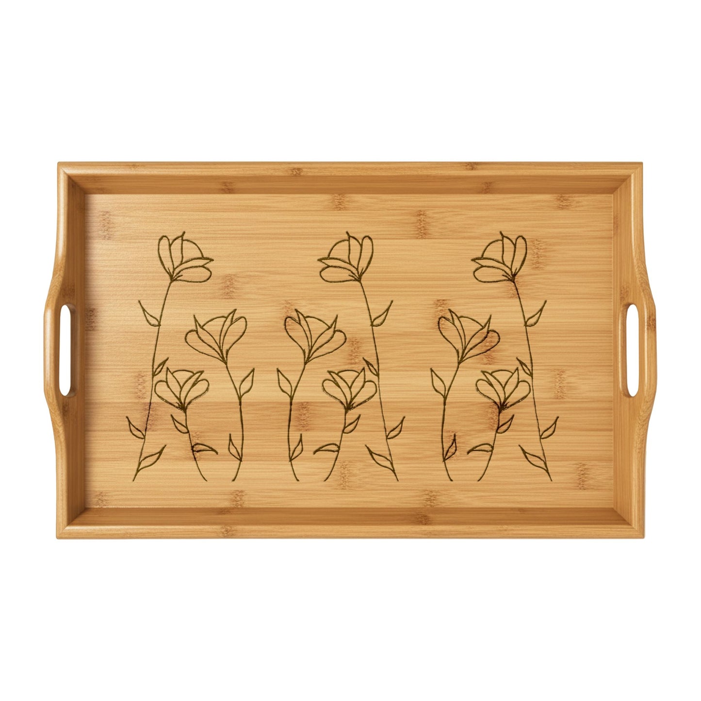 Engraved Bamboo Serving Tray — Floral Stem Breakfast & Tea Tray