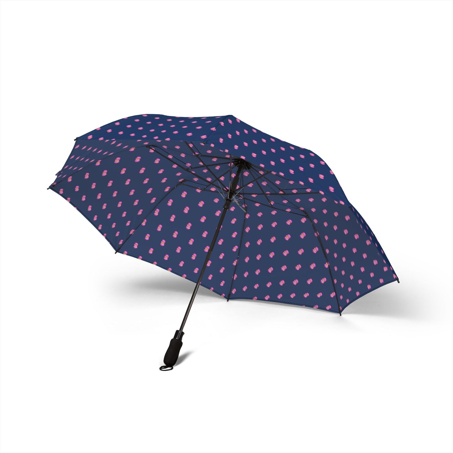 Compact Foldable Umbrella — Navy with Pink Begonia Raindrop Pattern (Semi-Automatic Umbrella)