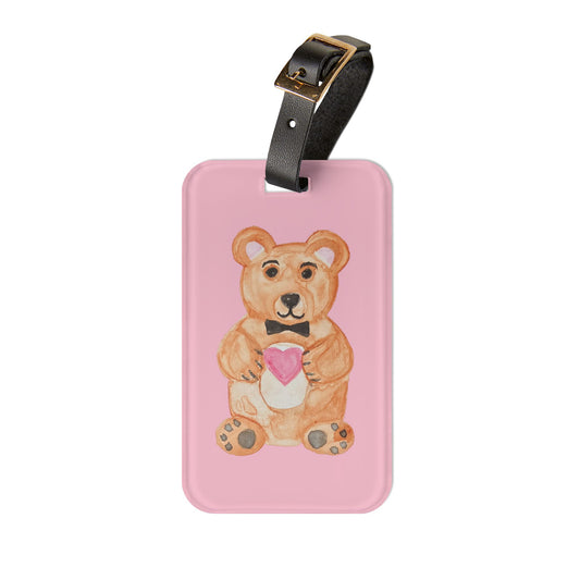 Watercolor Teddy Bear Heart Luggage Tag — Cute Acrylic Travel ID