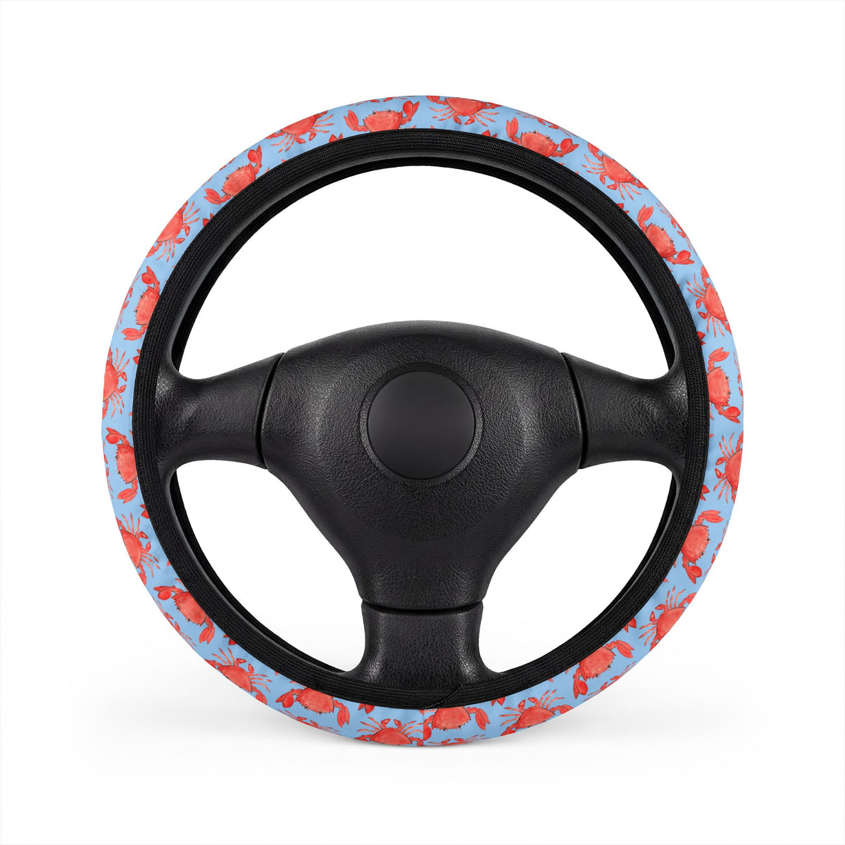 Red Crab Pattern on Sky Blue, Coastal Car Steering Wheel Cover