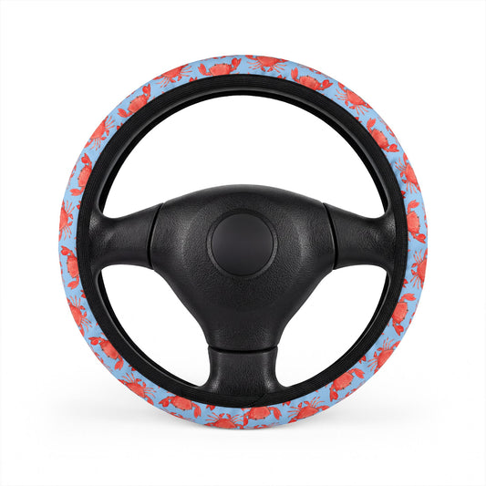 Red Crab Pattern on Sky Blue, Coastal Car Steering Wheel Cover