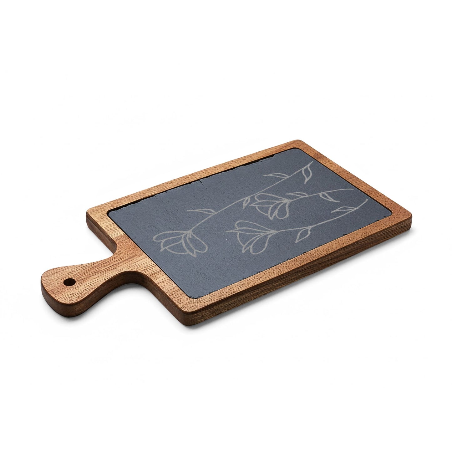 Engraved Acacia Cheese & Charcuterie Board with Slate Inlay — Floral Design
