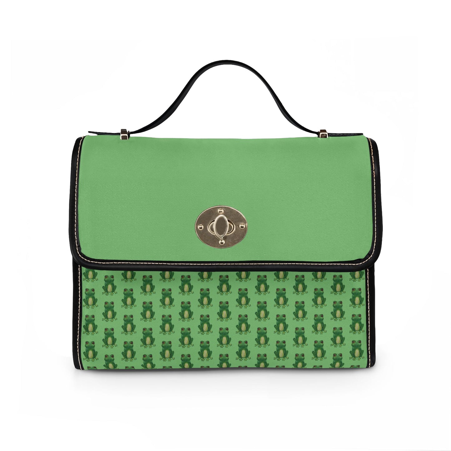 Green Waterproof Frog Print Canvas Satchel