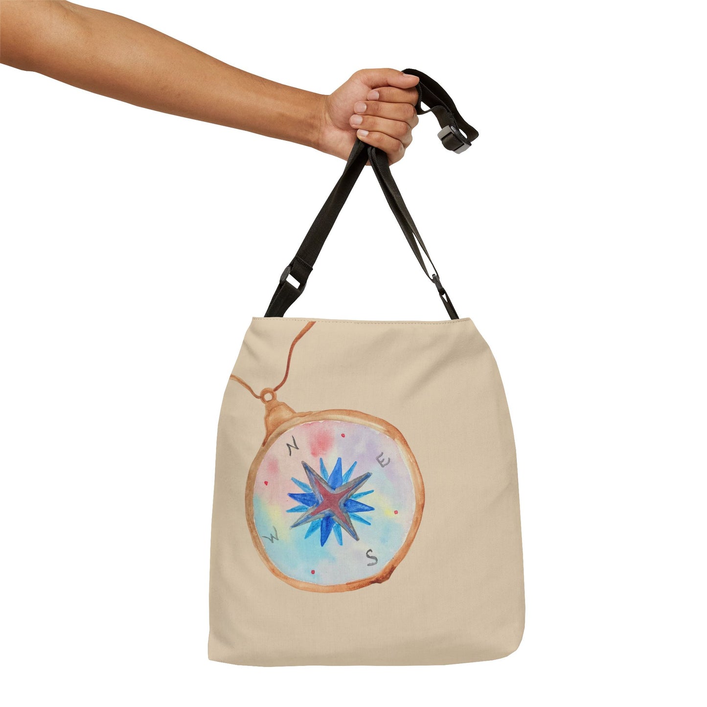 Compass Pendant Adjustable Tote Bag — Watercolor Travel Compass Print