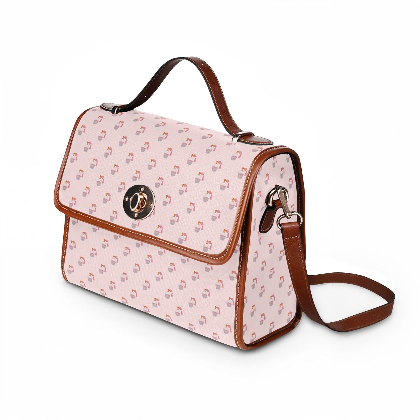 Pink Perfume Canvas Handbag — Waterproof Crossbody Satchel with Vegan Leather Trim
